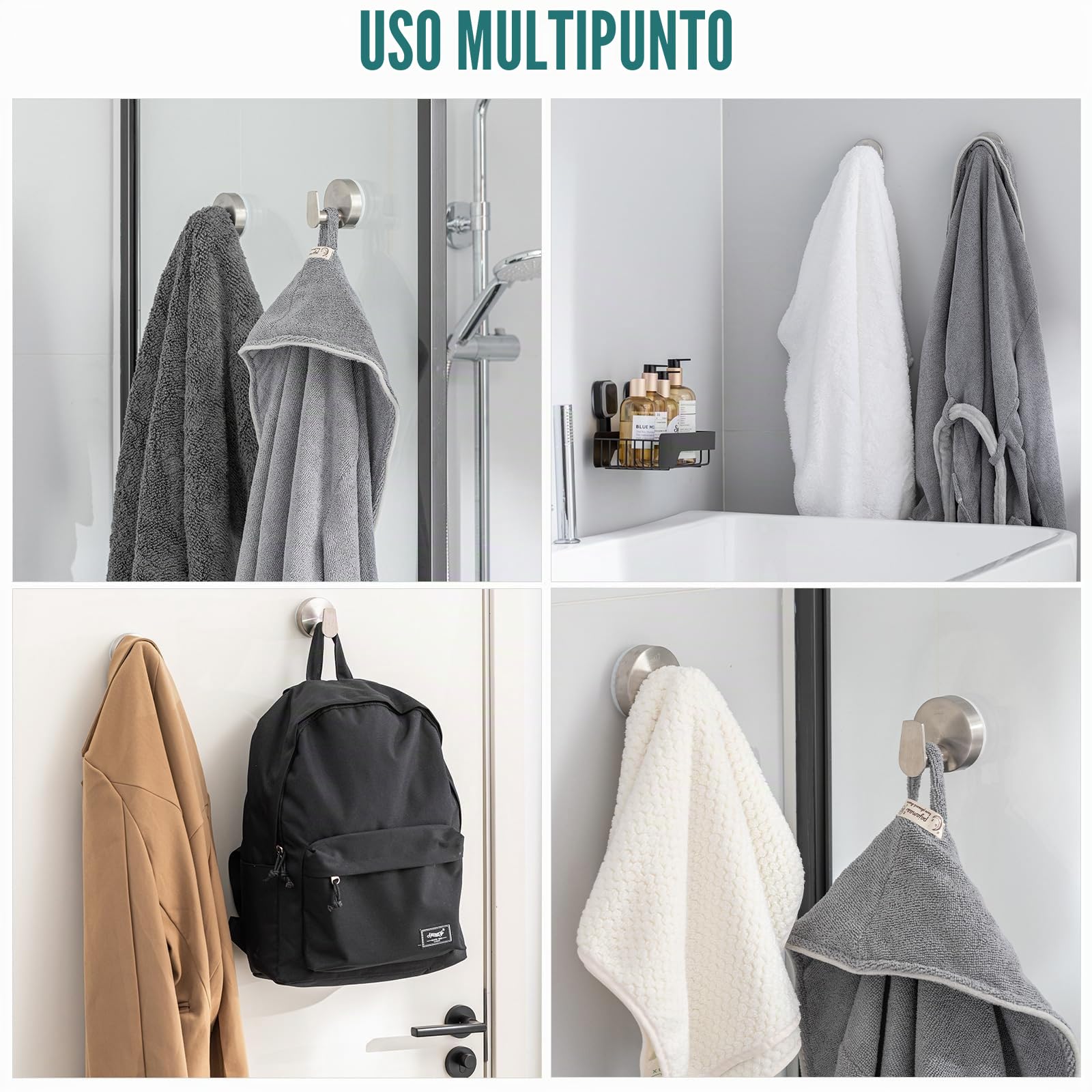 TAILI Ganci per asciugamani da bagno con ventose senza foratura, in acciaio inossidabile, riutilizzabili, ganci per doccia e bagno, impermeabili, resistenti, ganci rimovibili per doccia, cucina