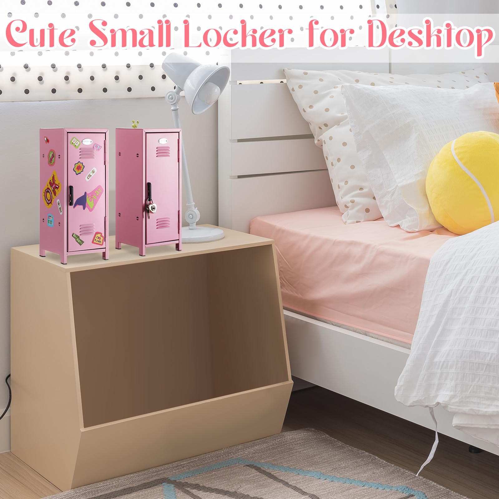 2-Pack Mini Locker With Lock & Keys – 10.8” Metal Storage, Pink & Teal, 2 Shelves + 6 Hooks, Cute Desktop Organizer
