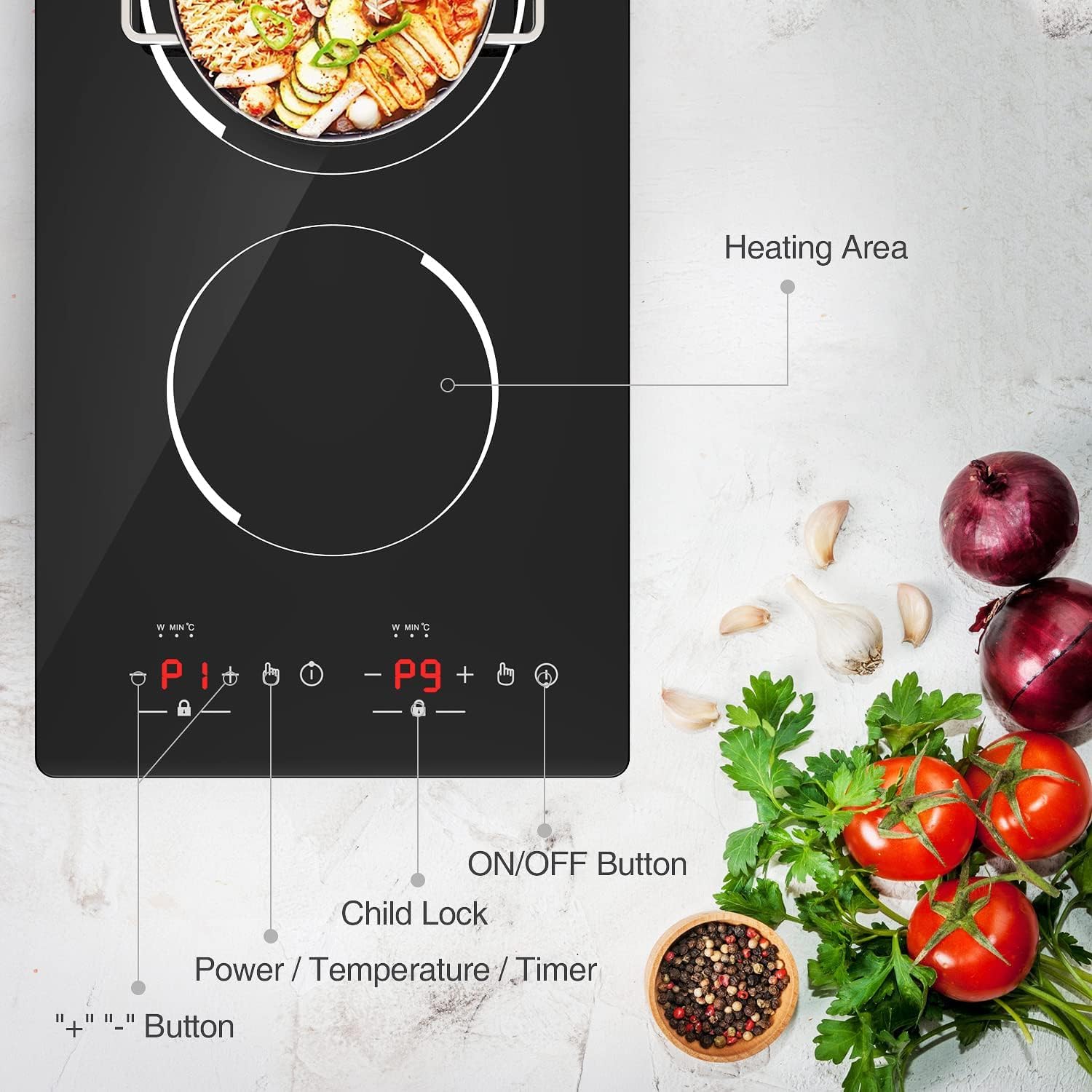 VBGK Double Induction Hob, 3000W Portable Induction Hob, Built-in Induction Cooker with LED Touch Display, 9 Power Level, 120 Mins Timer & Safety Lock, 220~240V, Black — view 9