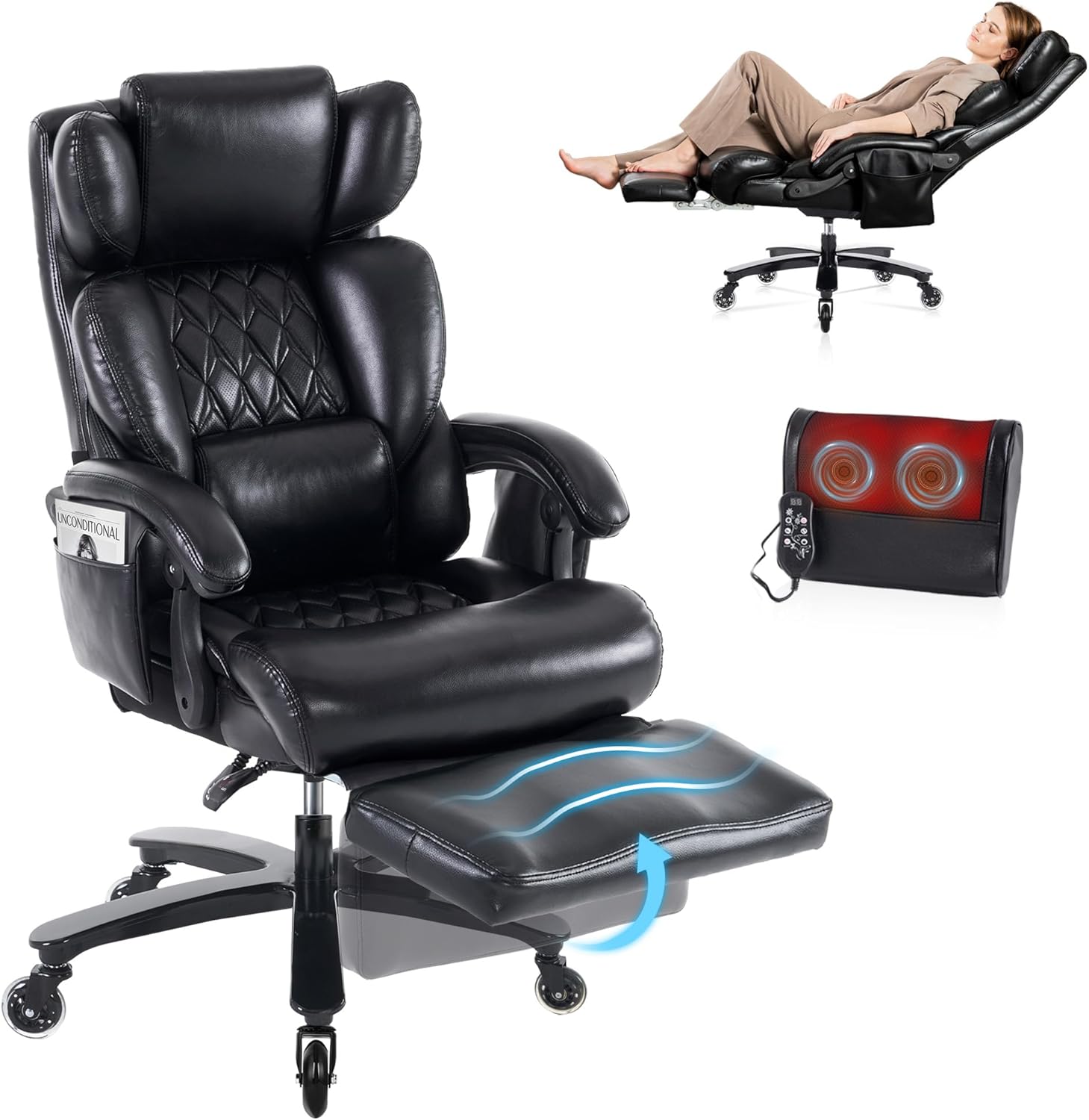 Big and Tall Ergonomic Office Chair with Footrest, Heavy Duty Massage Executive Desk Chair with Lumbar Support, Adjustable Headrest, High Back Reclining Computer Chair 500lbs, Leather, Black