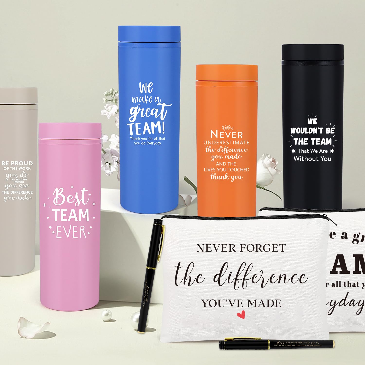 iAOVUEBY 12-teiliges Set für Mitarbeiter, Wertschätzungsgeschenke, Dankeschön-Geschenke für Kollegen, Lehrer, Krankenschwestern, 680 ml, Kunststoffbecher, Make-up-Taschen, Stift, Dankeschön, Geschenk