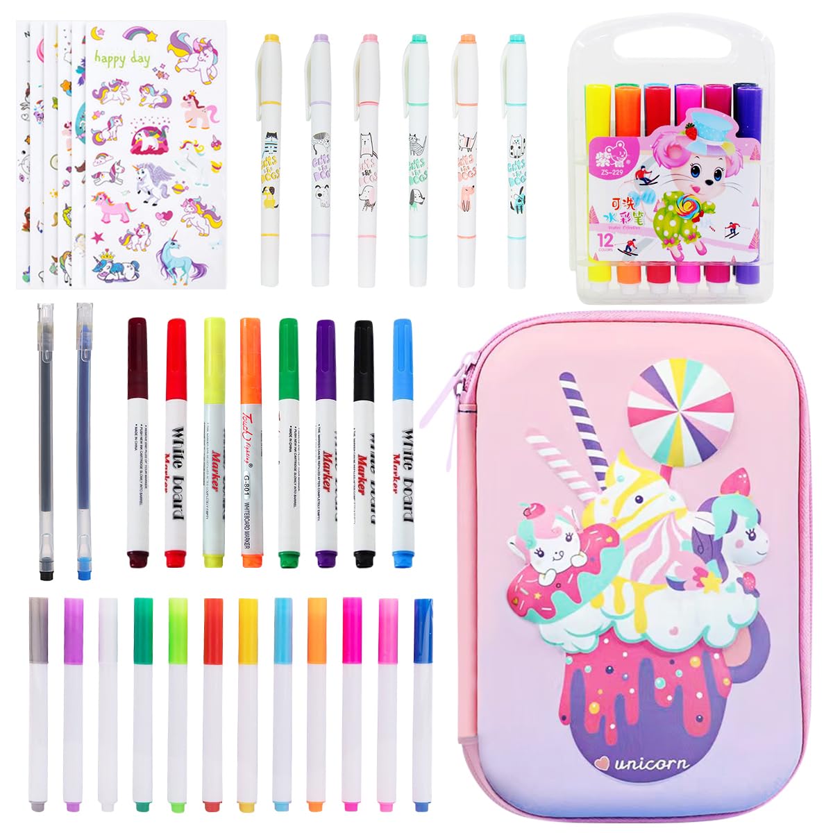 Juego de 47 piezas para Colorear para Niñas, Rotuladores de Colores para Niñas, Set Papeleria Regalo, Lápices de Colores para Niños, Juegos de Pintura con Estuche, para Niños de 4 a 12 Años