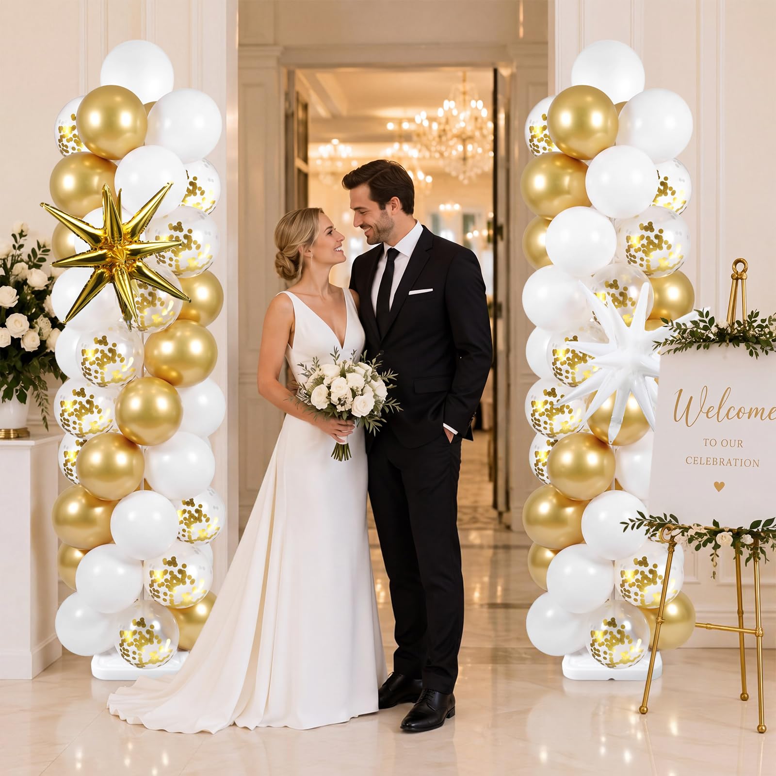 Skylety 2 set di supporti per palloncini bianchi e oro regolabili in oro bianco con basi per compleanni, matrimoni, addio al nubilato, anniversari, feste, baby shower, decorazioni