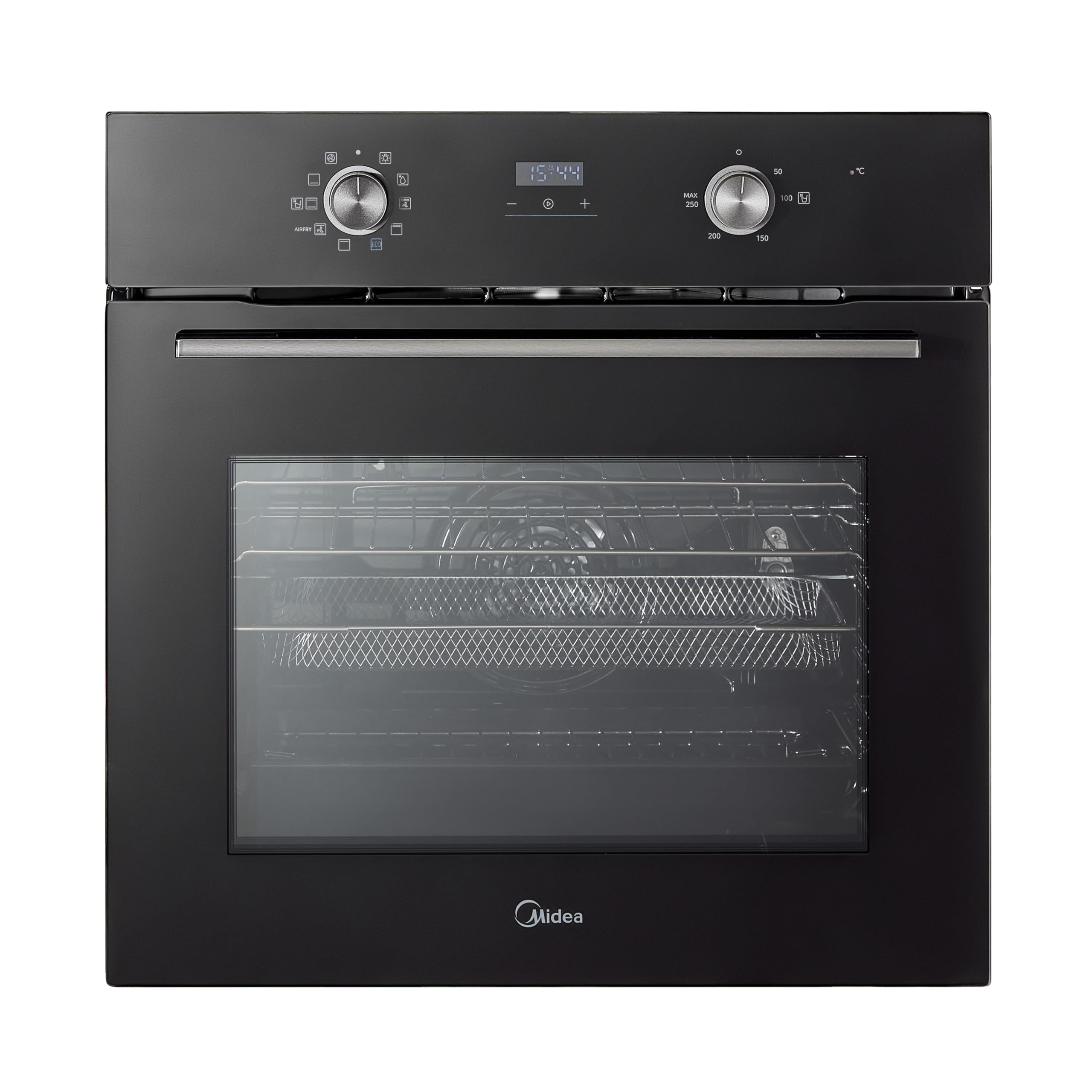 Midea 71L, 60cm Wide, Single Electric Built-in Fan Oven with Air Fry, 12 Oven Functions, Aqua Clean, LED Display, Convection, ECO, MultiLevel Cooking, Color Black - MBO65M90D2-BK