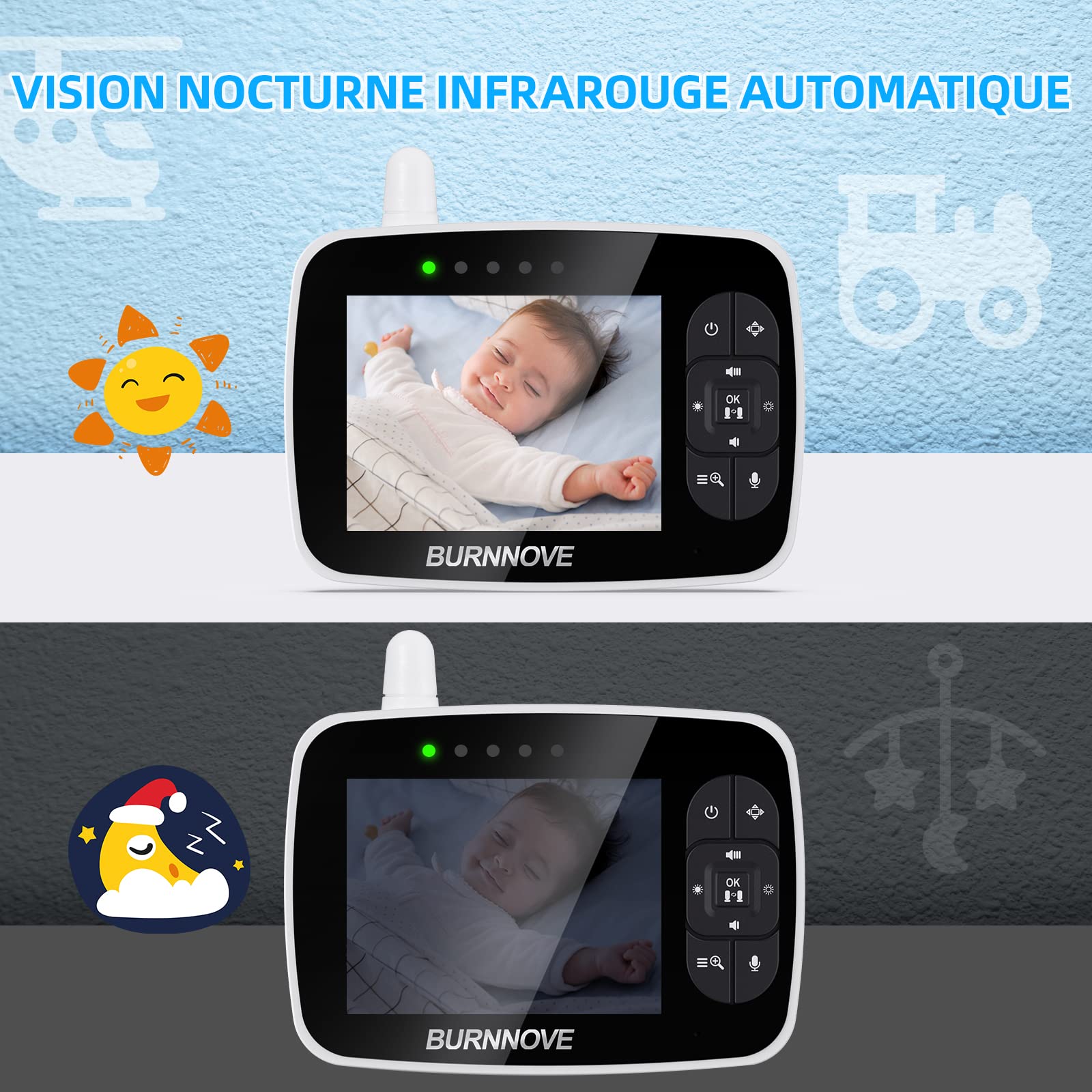 BURNNOVE Babyphone Camera Bébé 3,5 Pouces 720P PTZ ECO sans WiFi | Vision nocturne, caméra orientable 355°/120°, zoom 2X, audio bidirectionnel, température, 4 berceuses, 3 rappels