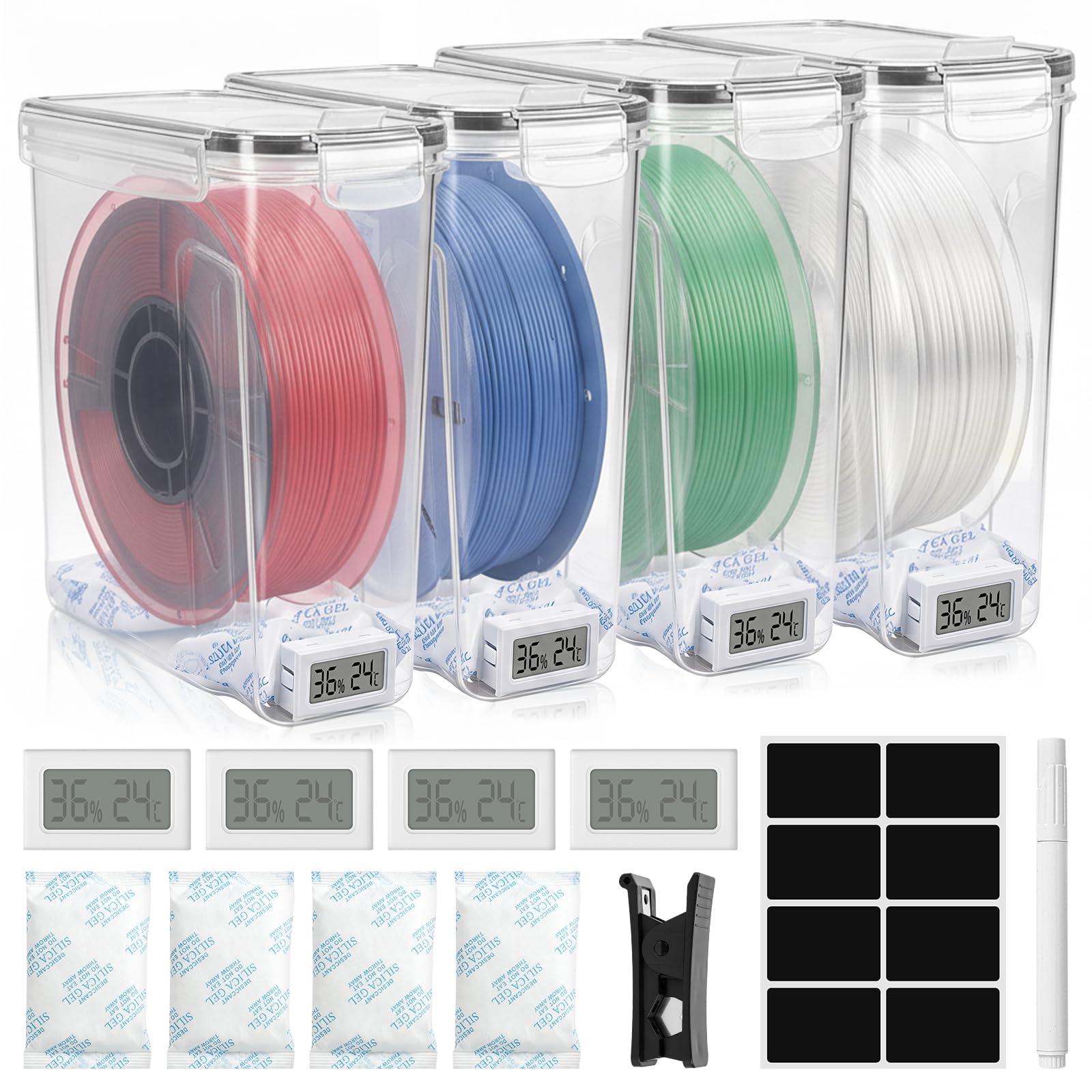 4 Stück Filament Aufbewahrungsbox, Filament Container für 3D Druck Filament Versiegelung und Schutz, Tragbare Aufbewahrung mit 4 Hygrometer, Rohrabschneider, Trockenmittel & Etiketten 4,0L