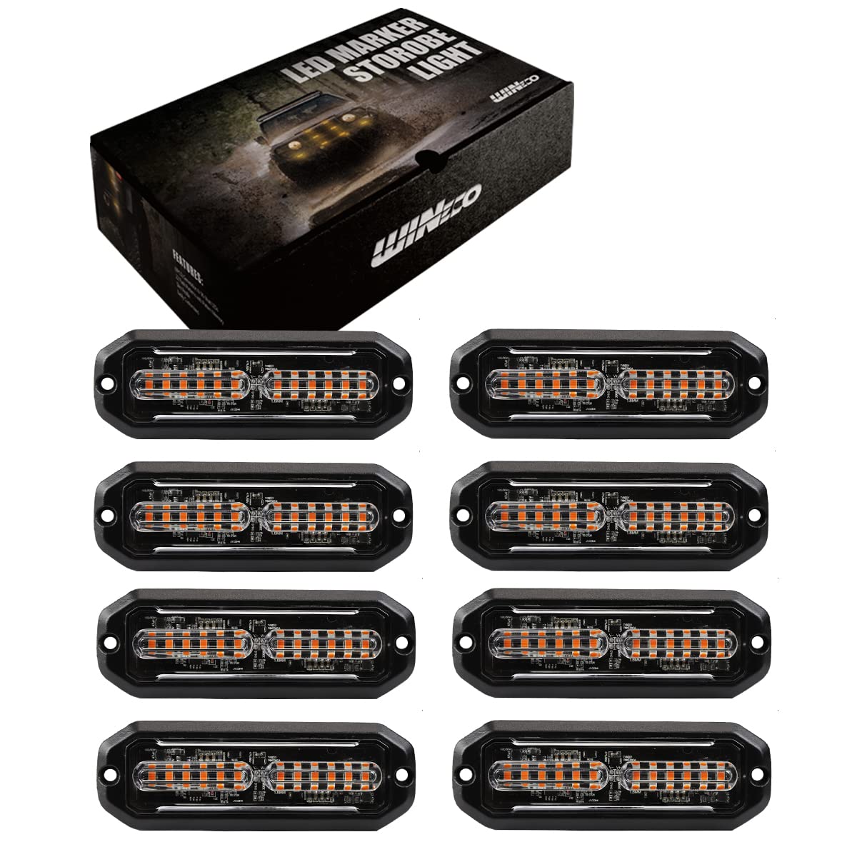 WINECO Luces estroboscópicas LED ámbar para camiones, 8 unidades, 12 LED, montaje en superficie, kit de luces estroboscópicas intermitentes para camiones, coches, vehículos, LED, mini parrilla