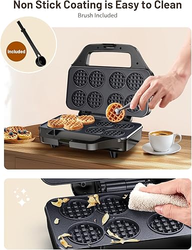 Miniatura 3 de Mini máquina para hacer gofres, 8 pequeños bocadillos de gofres, plancha antiadherente para gofres con calentamiento rápido, fácil desayunador para