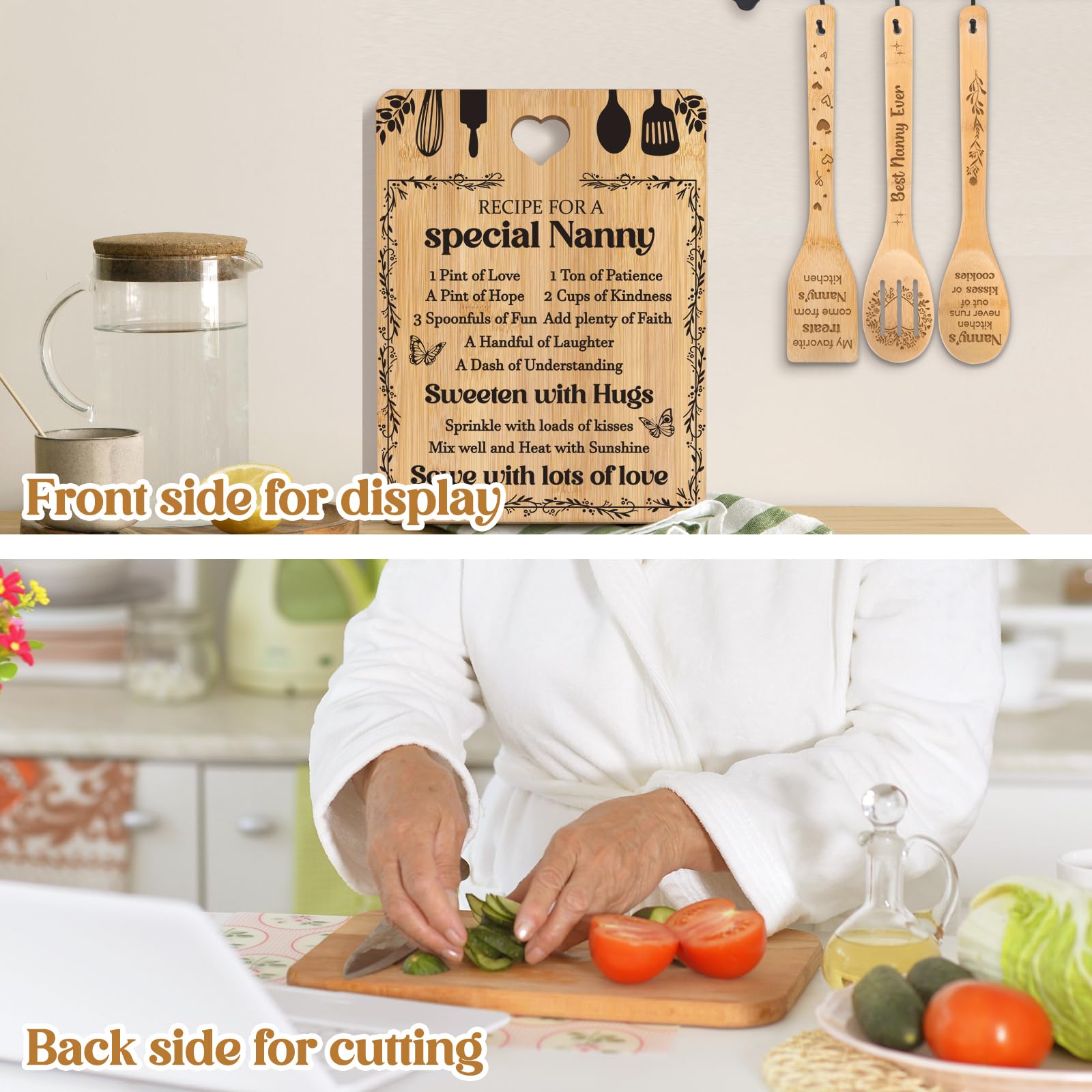Gifts for Nanny - "Recipe for a Special Nanny" Nanny Gifts Cutting Board Set, Bamboo-Made Engraved Utensil Set Nanny Gifts for Grandma, Mothers Day Gifts for Nanny