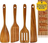 Vista 8 de Juego de 6 cucharas de madera de teca para cocinar, espátula de cocina, espátula ranurada, utensilios de madera antiadherentes para servir, remover