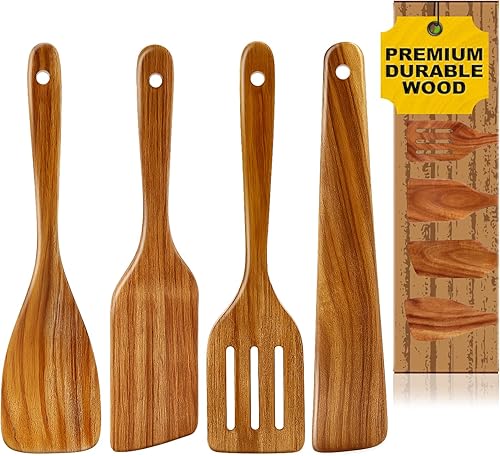 La mejor espátula de madera de acacia para cocinar juego de utensilios de cocina de madera no tóxicos, espátulas planas ranuradas espátulas
