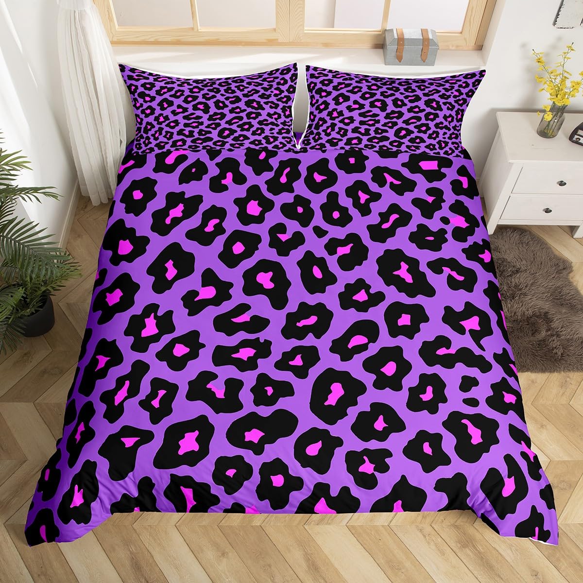 Manfei Purple Leopard Duvet Cover Set King Size, Wild Cheetah Print Comforter Cover with 2 Pillowcases, Animal Fur Print Bedding Set 3pcs for Kids Boys Girls, Lightweight Bedspread Cover,No Comforter
