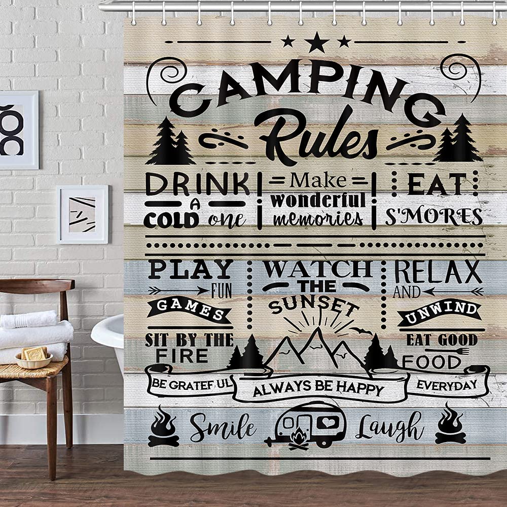 Camper RV Shower Curtain for Travel Trailer Bathroom, Farmhouse Camping Rules Quote Fabric Shower Curtains Set, Happy Camp Outdoor Decor Accessories with Hooks 72X72