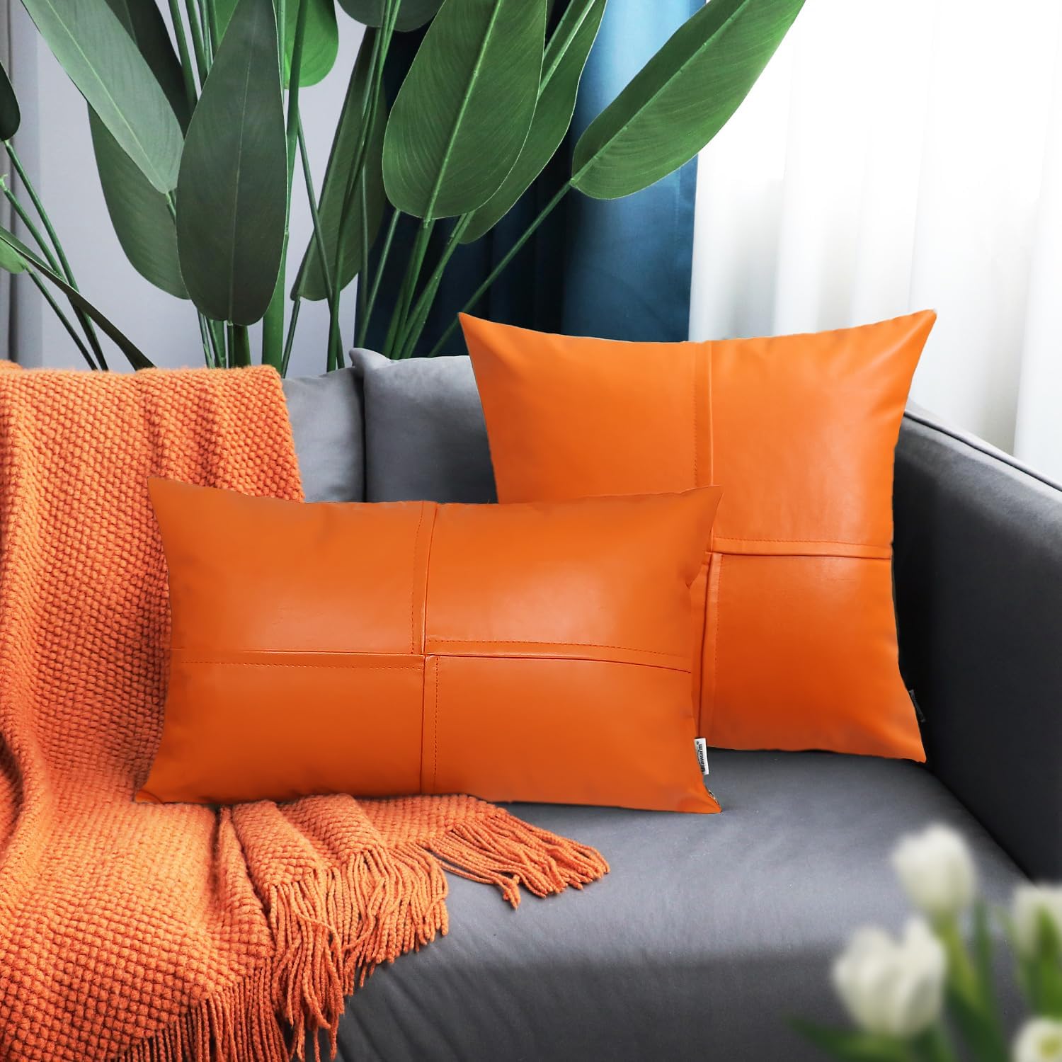 BRAWARM Faux Leather Throw Pillow Covers 22 X 22 Inches, Orange Leather Pillow Covers Pack of 2, Hand Stitched Leather Decorative Throw Pillows for Couch Sofa Bed Living Room Home Garden