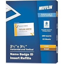 Mifflin-USA Name Badge Inserts, 2.25x3.5 or 3.5x2.25 280 Cardstock Refills, 35 Sheets, Compatible With Inkjet, Laser Printer, and Printable Badge Inserts