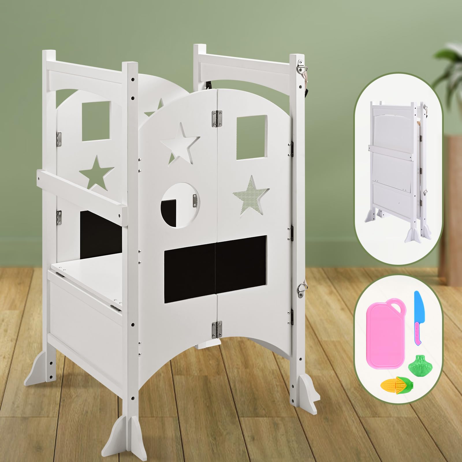 Ixdregan Toddler Toddler Stepping Stool - Foldable Toddler Stool with 4-Side Protective Design, Montessori Toddler Stepping Stool with Drawing Boards and Extra Game Kitchen Set, Supports 130LBS-White