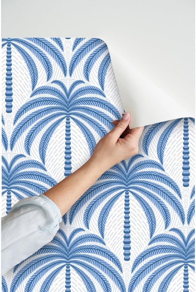 Spoonflower Peel & Stick Wallpaper 3ft x 2ft - Palm Trees Blue and White Large Scale Tropical Palms Geometric Coastal Nautical Custom Removable Wallpaper