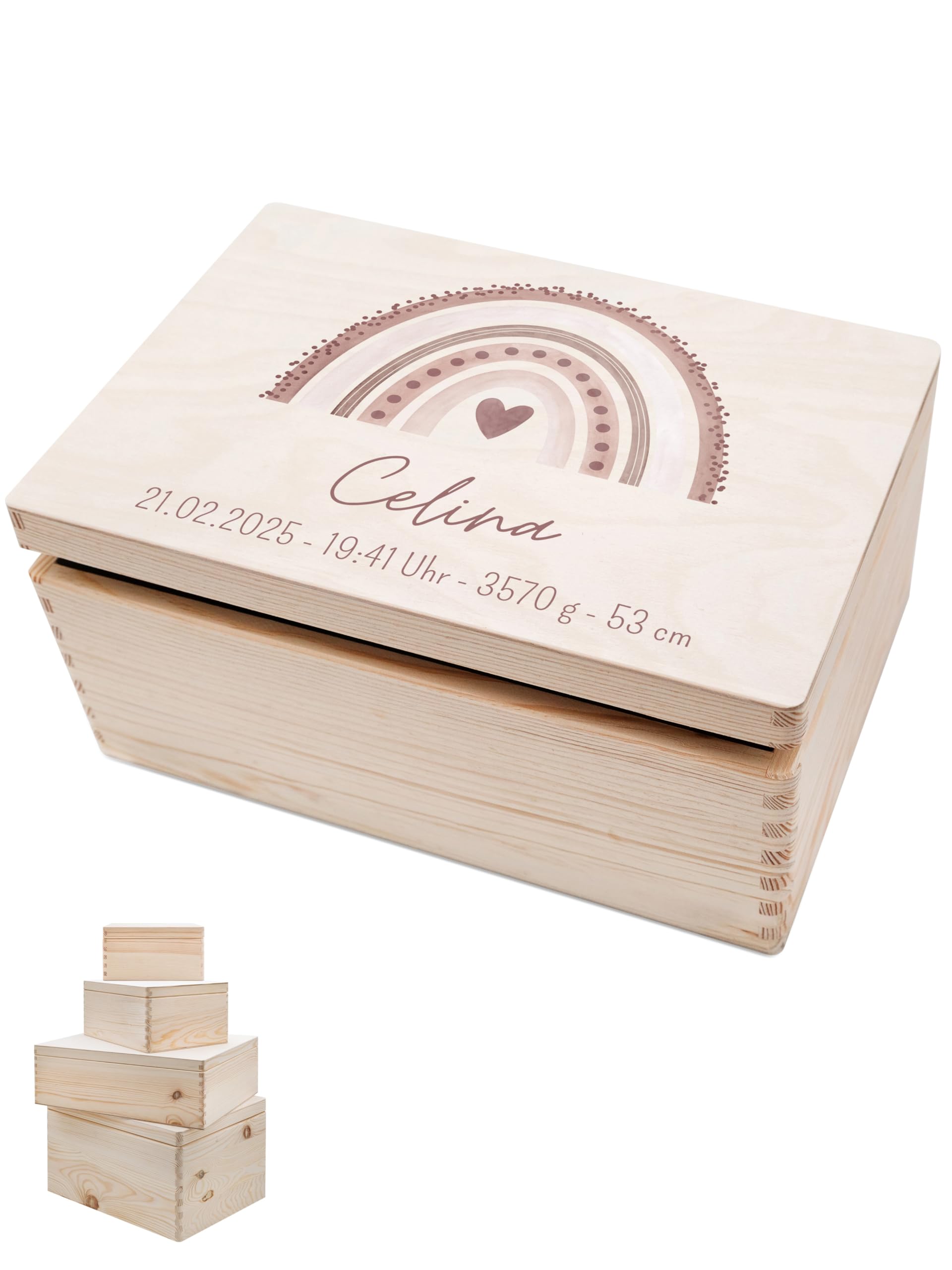 wunderwunsch® - Personalisierte Erinnerungsbox Baby mit Spezial-Druck - Baby Erinnerungsbox - Erinnerungskiste aus Holz - Geschenk zur Geburt (rosa, M flach | Klappdeckel)