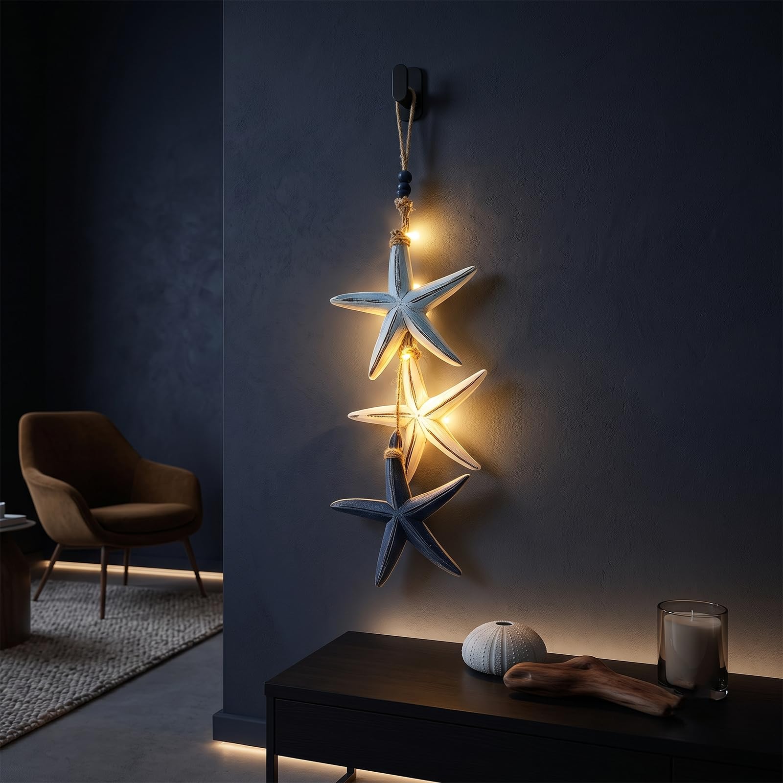 JORCEDI Lighted Coastal Wooden Starfish & Fish Hanging Decor Mediterranean Beach Wall Decoration with Warm LED Lights for Home Bathroom Bedroom Café & Restaurant (Starfish,1,Luminous Version)
