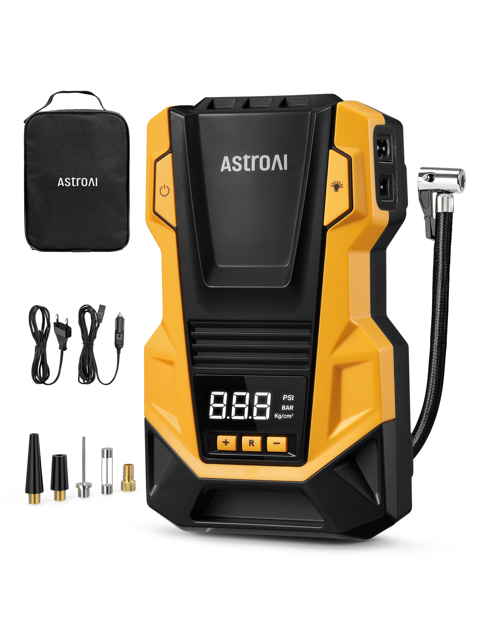 AstroAI 2 in 1 Kompressor Auto, Luftpumpe Auto 12V 230V, 10,3 Bar Autoreifen Pumpe mit AC/DC-Dual-Stromversorgung und Langlebiger Metallmotor für Autos,Fahrräder, Motorräder, Bälle, Gelb
