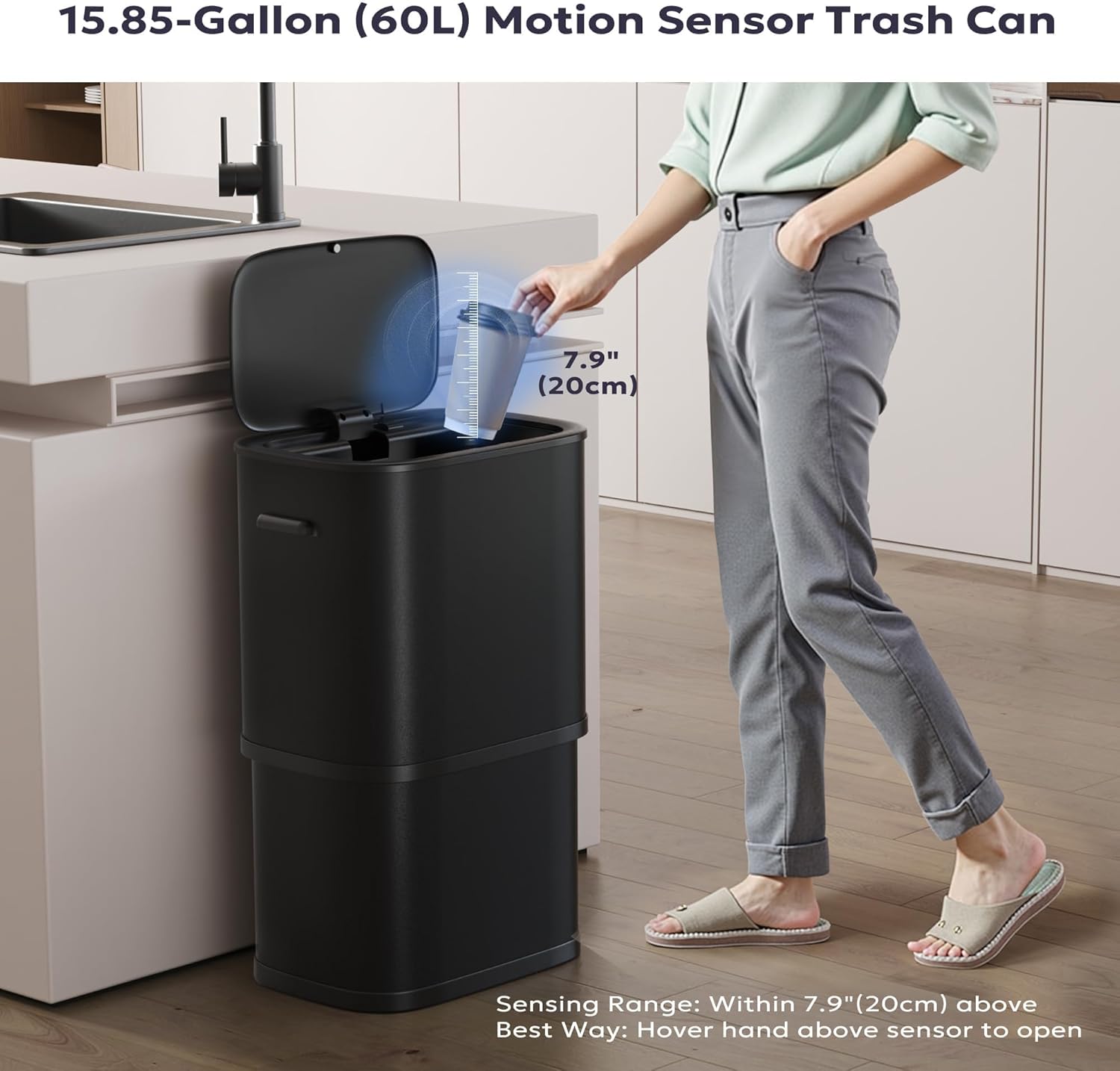 Furnify 16 Gallon/60L Automatic Trash Can for Kitchen, Motion Sensor Stainless Steel Garbage Can with Lid, Touchless High-Capacity Garbage Waste Bin, Soft Close for Kitchen, Home, Office, Black