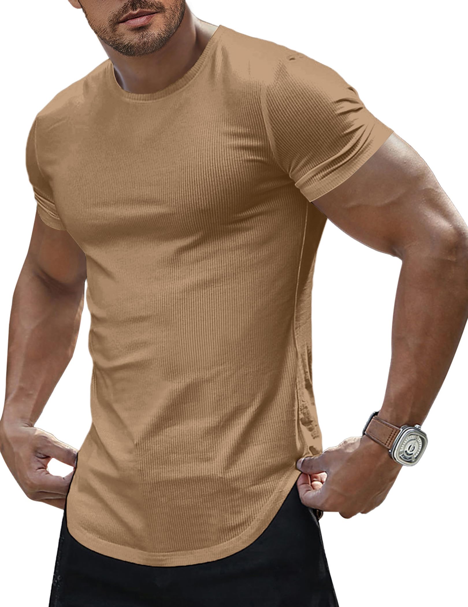 JMIERR Mens Short Sleeve T Shirt Summer Muscle Slim Fitted Crewneck Longline Tees Shirts for Gym Workout