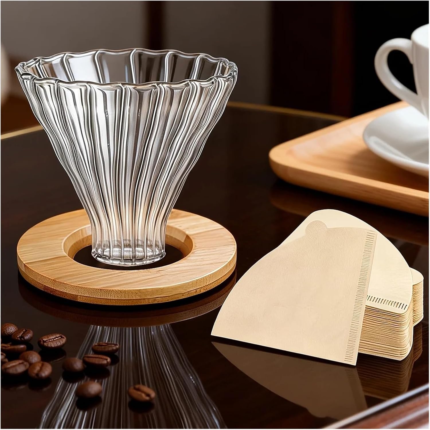 Glass Dripper/Filter With Coffee Filters Set, Glass Pour Over Coffee Cone With Bamboo Stand, Drip Maker Funnel(Urea pump)