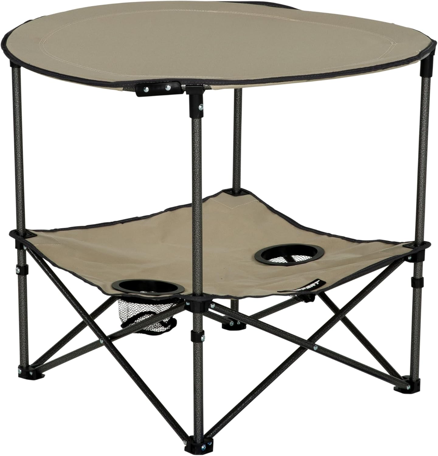 Lippert Sand Two-Tier Folding Camping Table with Dual Cupholders, 600D Polyester Fabric, Powder-Coated Steel Frame, Foldable Design, Lightweight Construction, Zippered Carry Bag - 2023053721