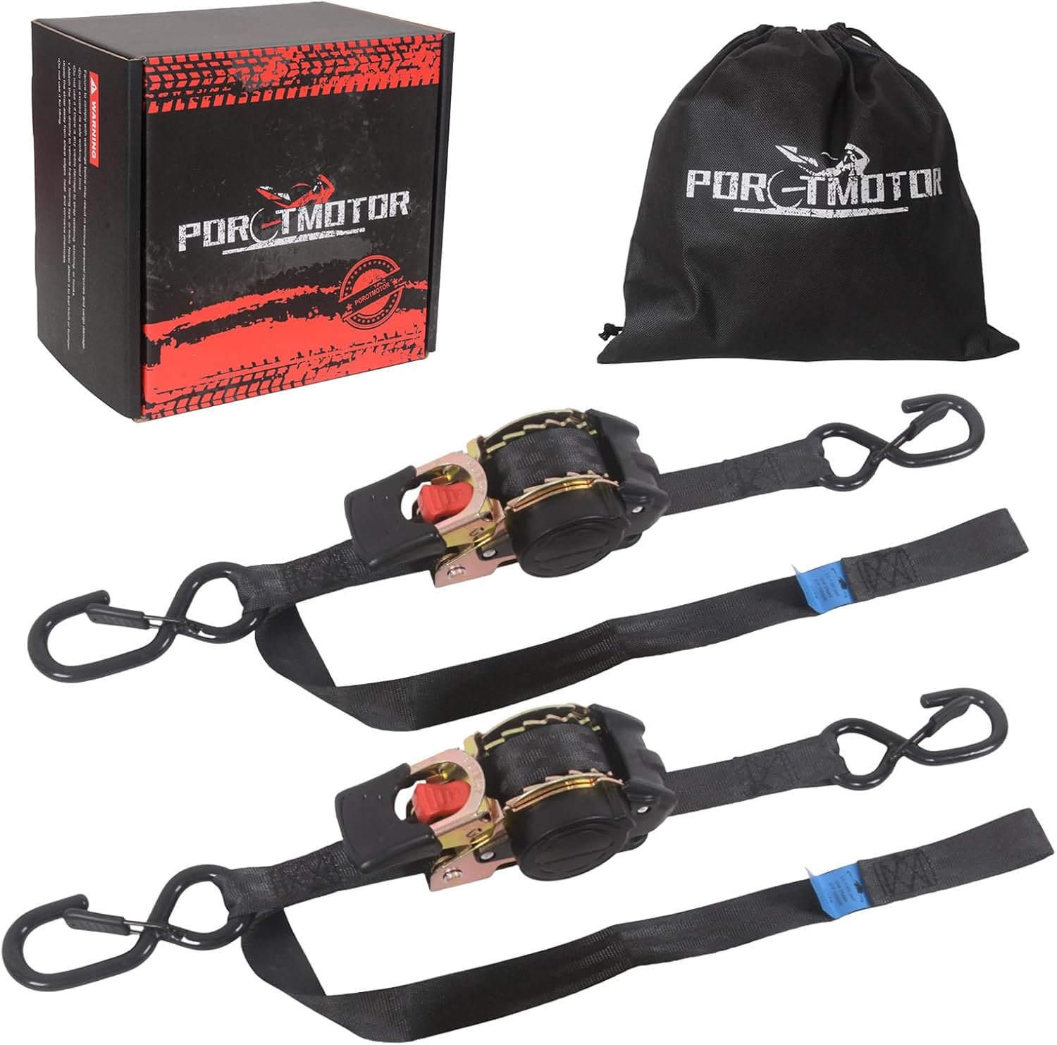 Retractable Ratchet Straps with Built-in Soft Loop, 1 Inch x 10 Feet Self Retracting Straps for Cargo, Truck, Motorcycle, ATV (2 Pack, with Storge Bag)