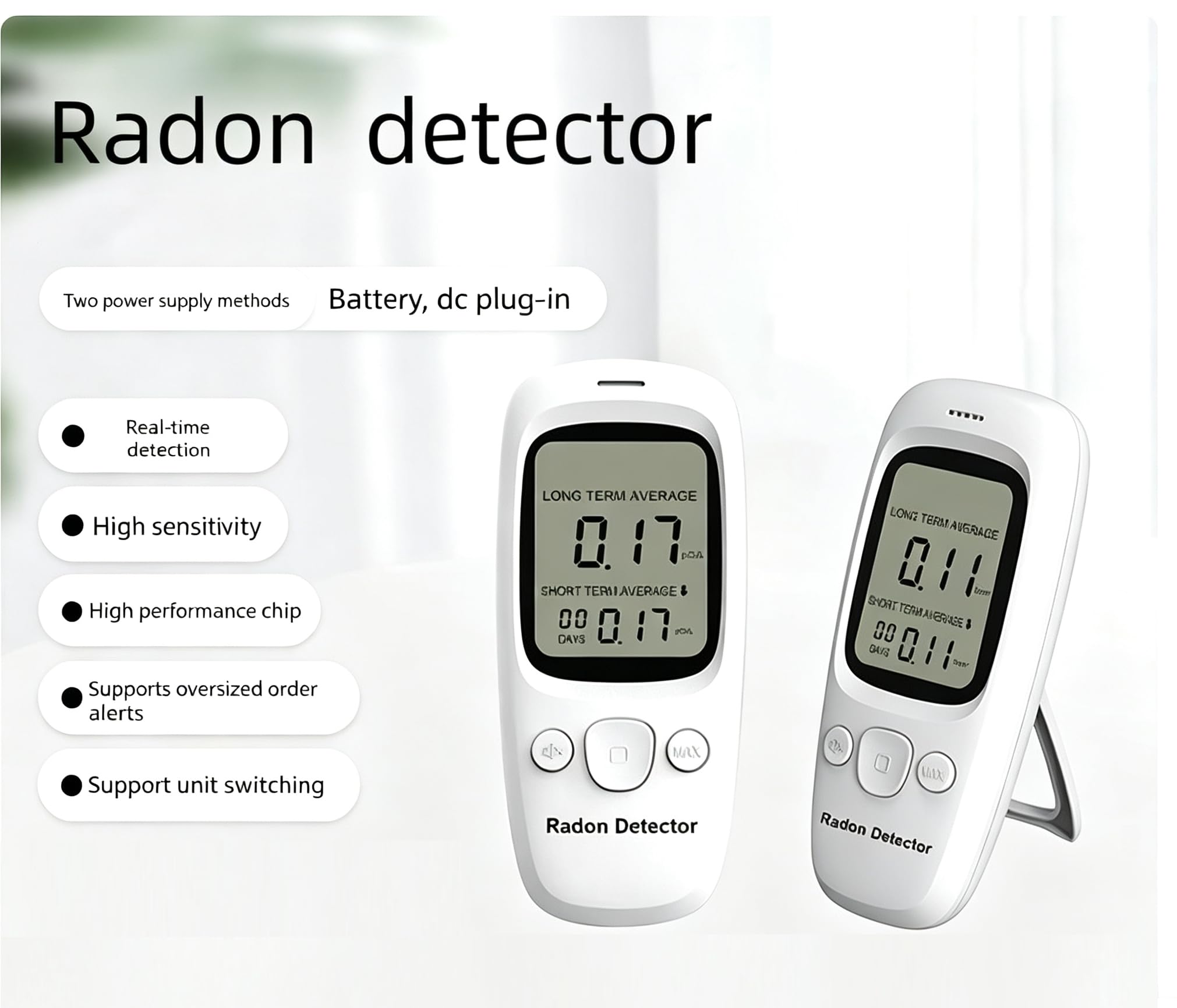 DM161 Rilevatore di Radon Monitor con display pCi/L, nero | Media a lungo e breve termine, AA o ricaricabile, leggero e portatile, uso domestico, scuola e ufficio
