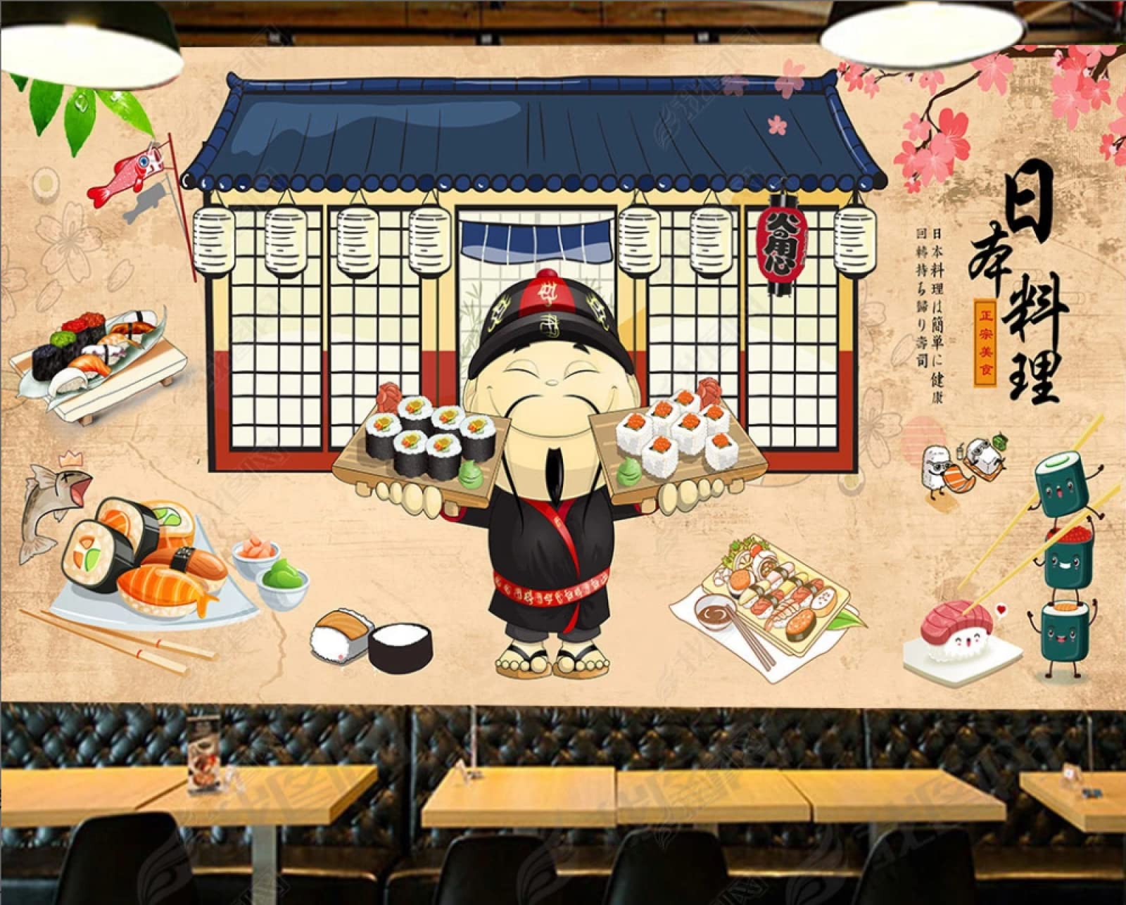 Restaurante de sushi decorado con mural de comida japonesa para crear un rincón gastronómico asiático