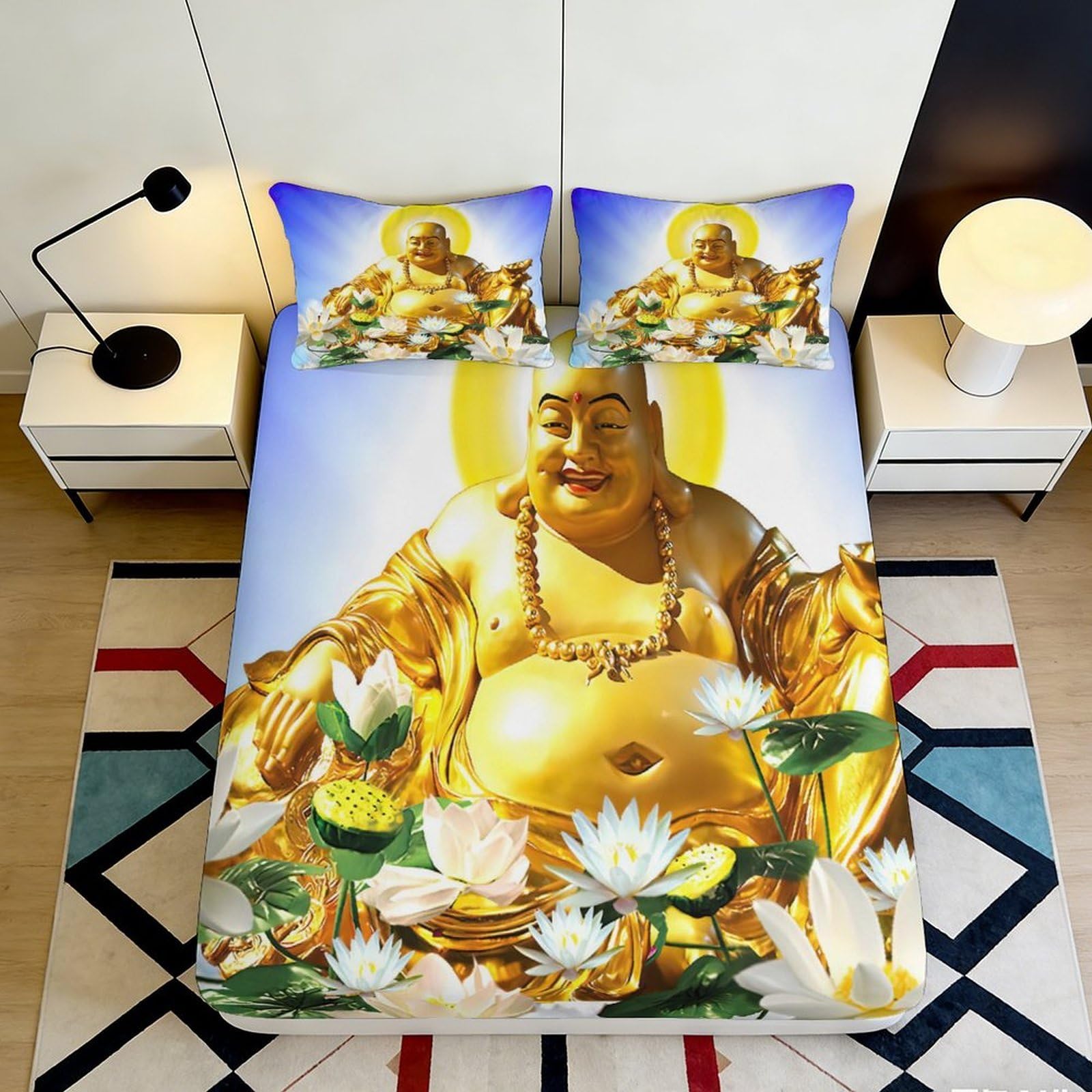 3D Printed Golden Buddha Lotus Fitted Sheet Microfiber Non Slip Bed Cover for Bedroom Dorm Mattress Decor Easy Care 160x200x25cm