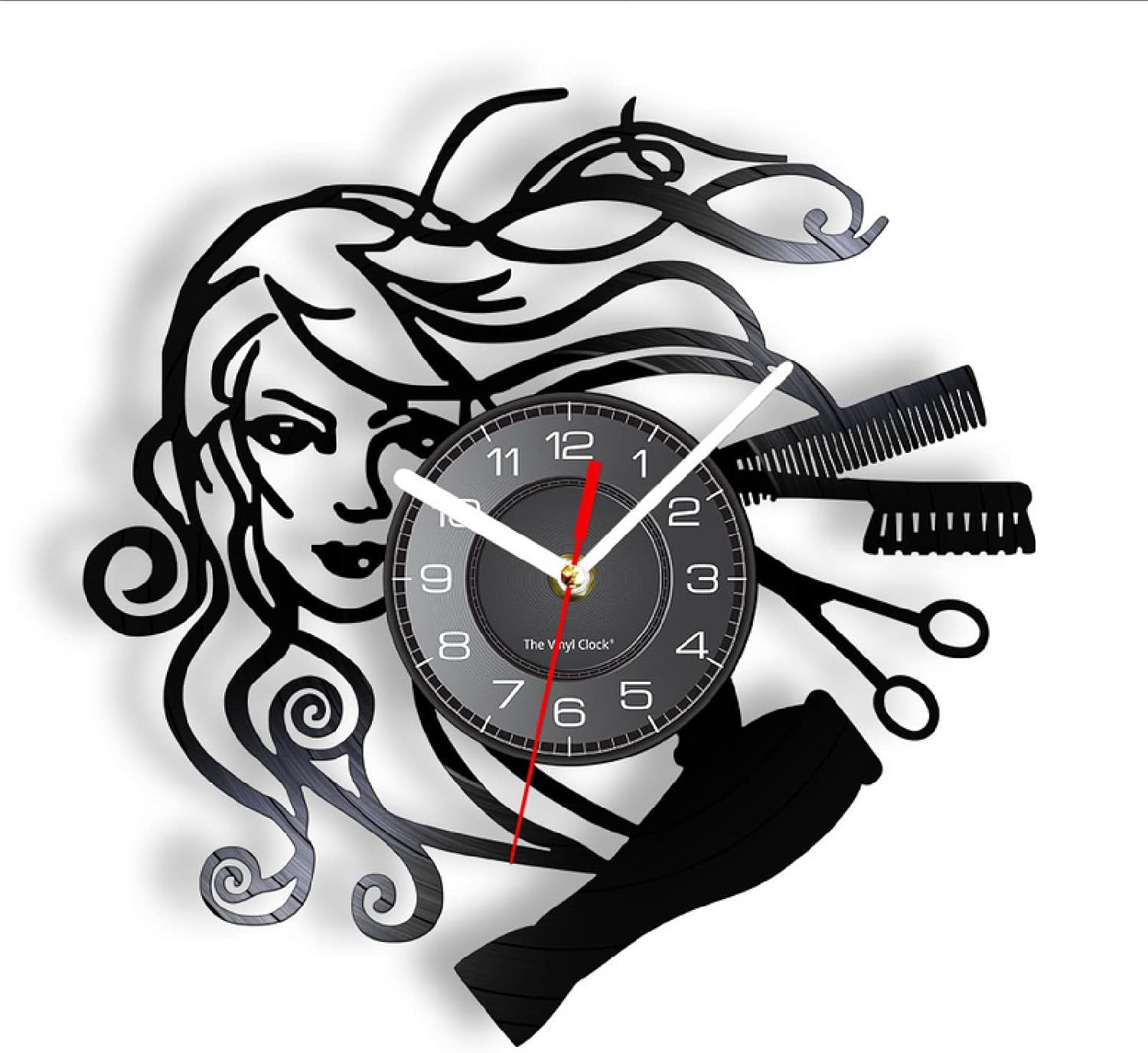 SYNYEY 12 Inch Hairstyle Beauty Salon Vinyl Record Wall Clock - Black, Silent Quartz Sweep Movement, Easy to Hang, Retro Decor for Bedroom, Kitchen, Living Room