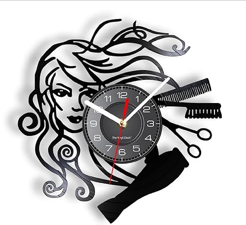 SYNYEY Reloj de pared de disco de vinilo para peluquería de 12 pulgadas, color negro, movimiento de barrido de cuarzo silencioso, fácil de colgar,