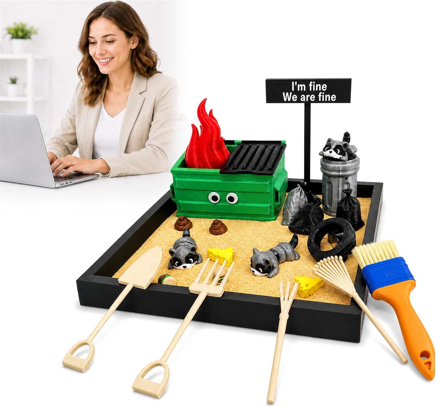 Dumpster Fire Zen Garden for Desk – Funny Mini Desktop Sand Garden Kit with Fine Sand & Accessories, Humorous Office Desk Decor, Stress Relief Fidget Gift for Coworkers, Boss, Friends & Birthday
