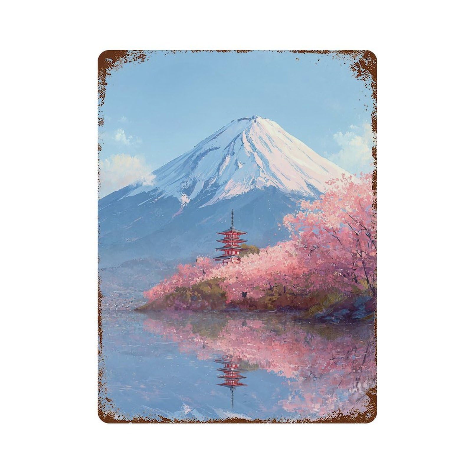 Garage Style Mount Fuji Reflection with Cherry Blossoms Rusty Metal Tin Sign 15.7"x11.8", Novelty Wall Decor for Bar And Workshop