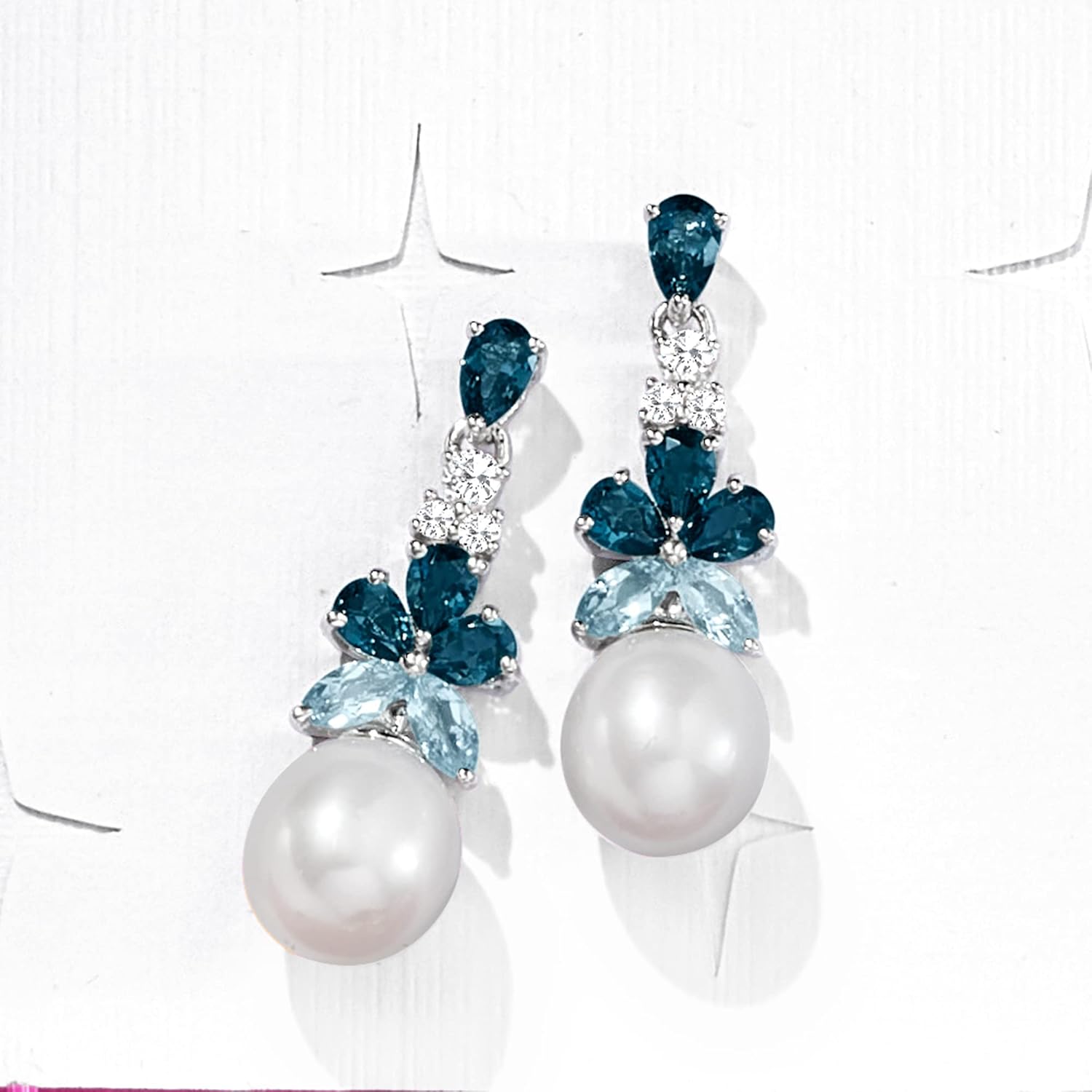 Ross-Simons 8.5-9mm Cultured Pearl and 2.30 ct. t.w. London, Sky Blue and White Topaz Drop Earrings in Sterling Silver
