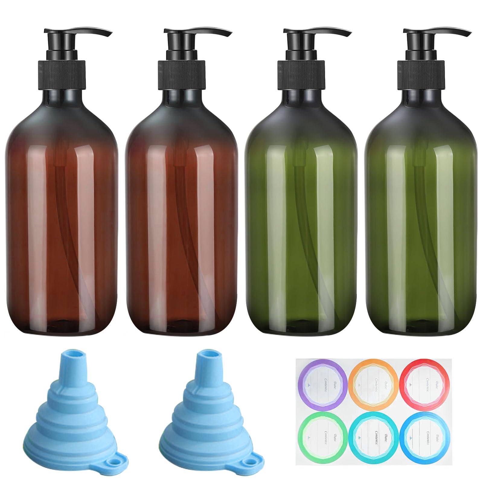 GAOHAN 4 Pack Pump Bottle Dispenser, 500ml Refillable Amber Bottle with Funnel, Pump and Label for Lotions, Shampoo, Conditioner(2 Green+2 Brown)