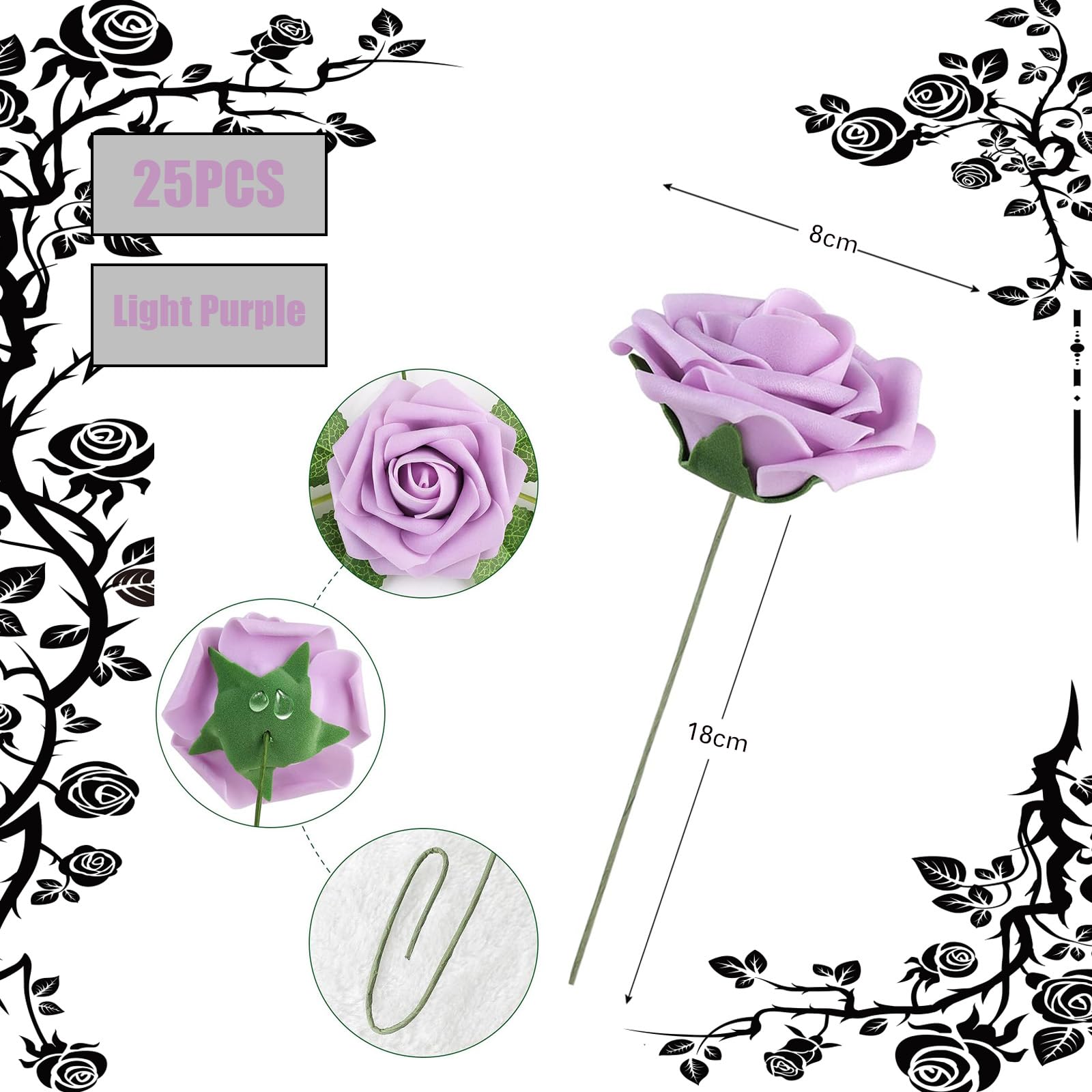 25Pcs Lilac Artificial Roses, Real Touch Foam Roses with Stems, 4 Leaves, Artificial Flowers for Wedding Bridal Bouquets - Image 2
