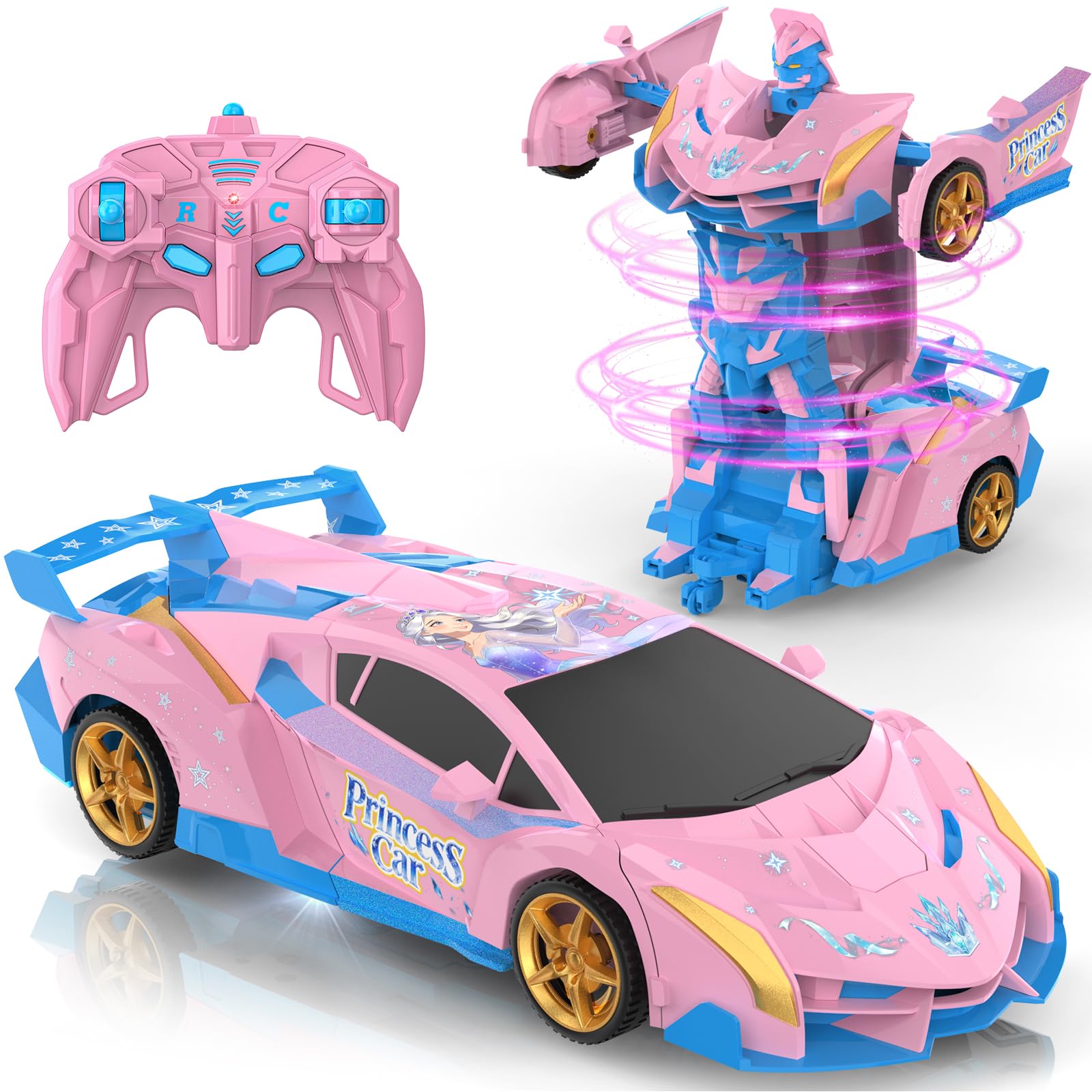 Remote Control Cars for Girls, 1:18 Pink RC Car & Robots 2 in 1 Transform Racing Vehicle Frozen Princess Fairy Toys for 3 4 5 6 7 8 Year Old Girls Kids Outdoor Games Surprise Gifts Birthday Presents