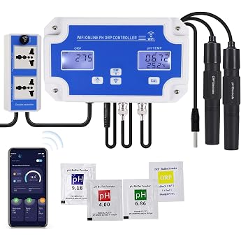 Smart pH ORP Controller with Remote Monitoring and App Dosage in Water 3-in-1 PH/ORP/Temperature Meter with Interchangeable Probes for Hydroponics Aquariums and Pools