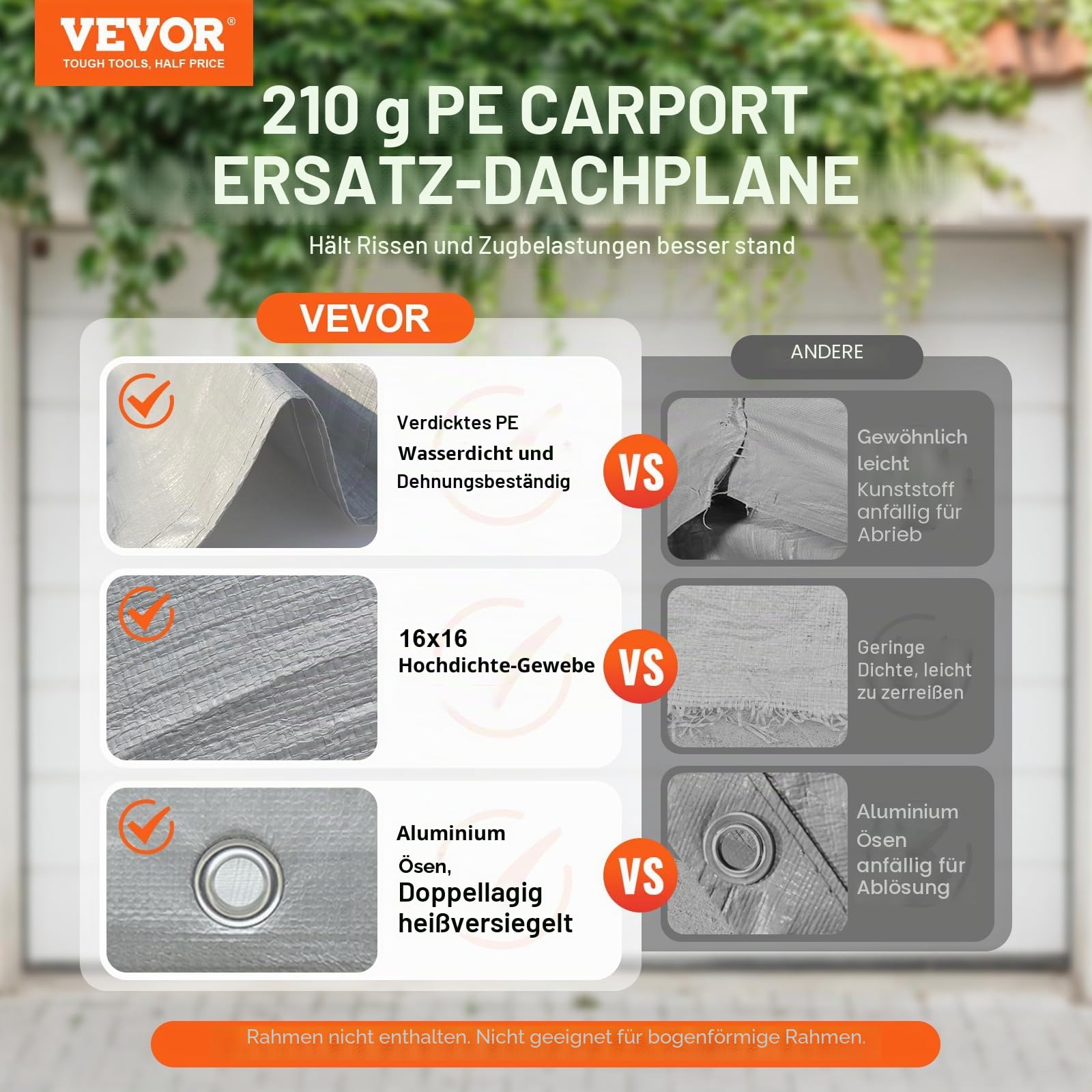 VEVOR Carport-Garagenzelt, 3 x 6 m, Garagendachzelt, wasserdicht und UV-geschützt, einfache Installation mit Spanngurten, Grau (nur Dachabdeckung, Rahmen Nicht im Lieferumfang enthalten)