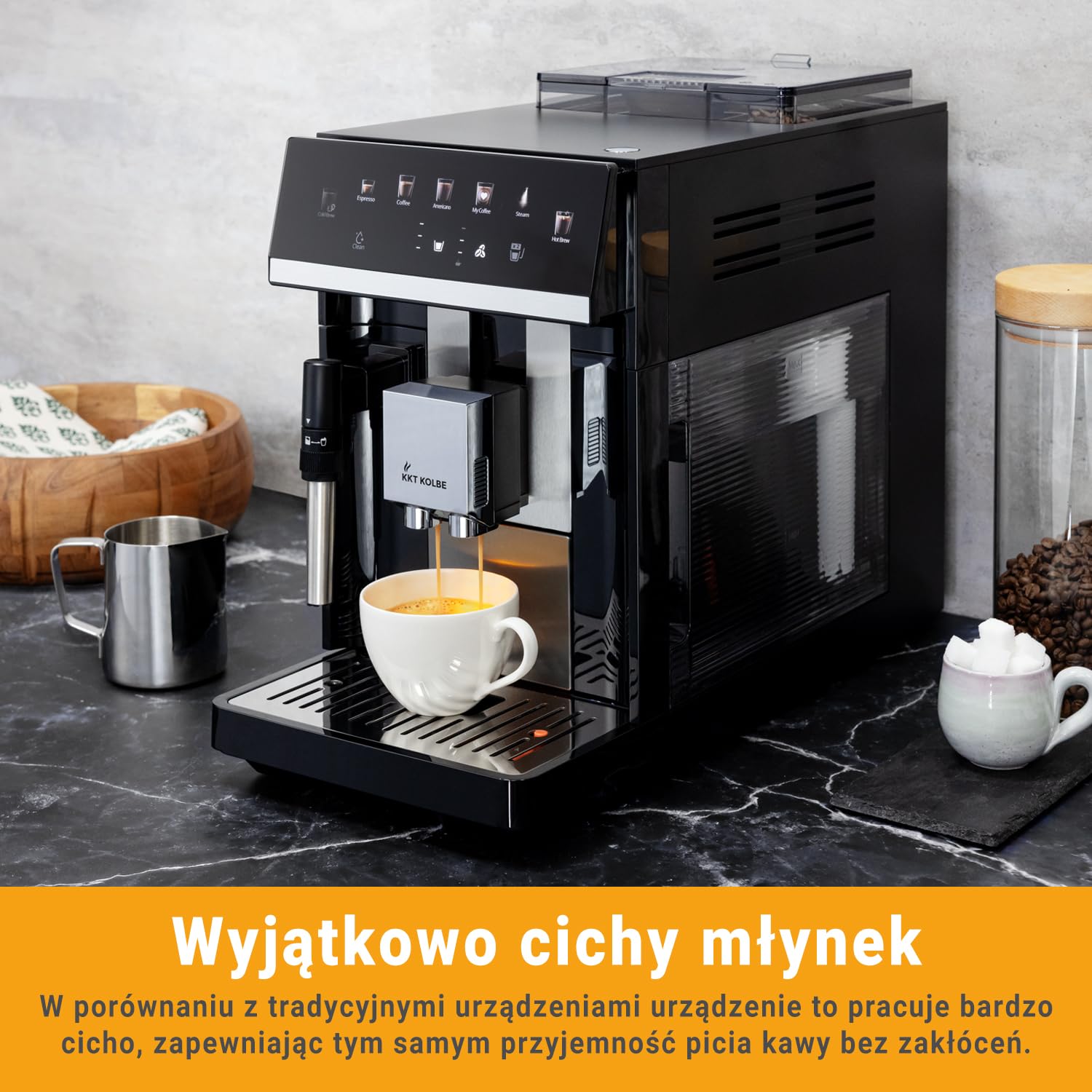 KKT KOLBE W pełni automatyczny ekspres do kawy z dyszą do spieniania mleka, ColdBrew i akcesoriami, funkcja 2 filiżanek, 15 bar, 7-stopniowy mechanizm mielący, ekran dotykowy, automatyczne czyszczenie