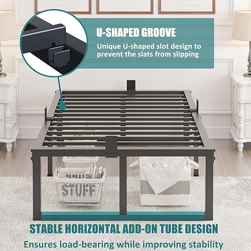 Miniatura 38 de Marco de cama de tamaño matrimonial, soporte resistente de 14 pulgadas, plataforma de metal de 3500 libras, no necesita somier, sin ruido,