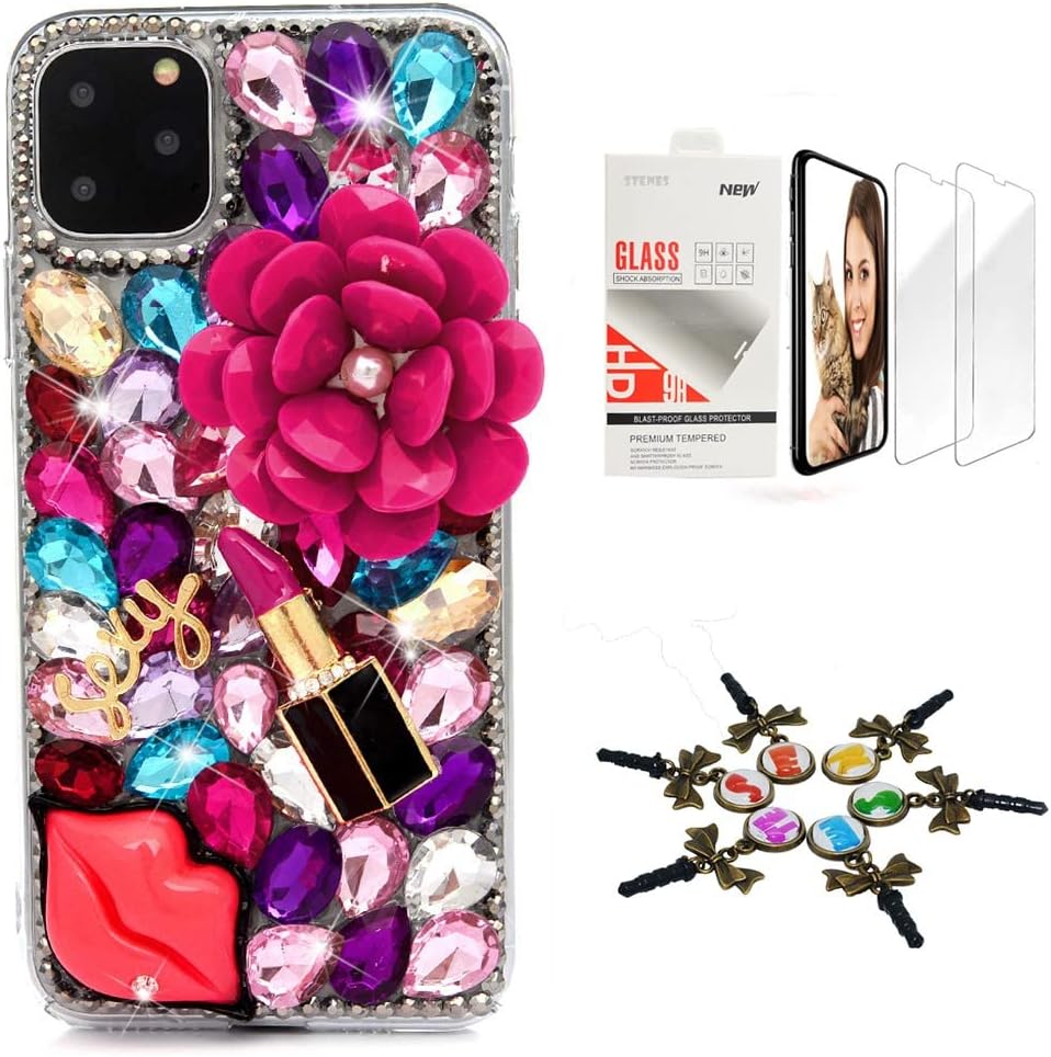 STENES Sparkle Case Compatible with iPhone 14 Plus - Stylish - 3D Handmade Bling Rose Sexy Lips Lipstick Crystal Rhinestone Glitter Design Cover Case with Screen Protector [2 Pack] - Colorful