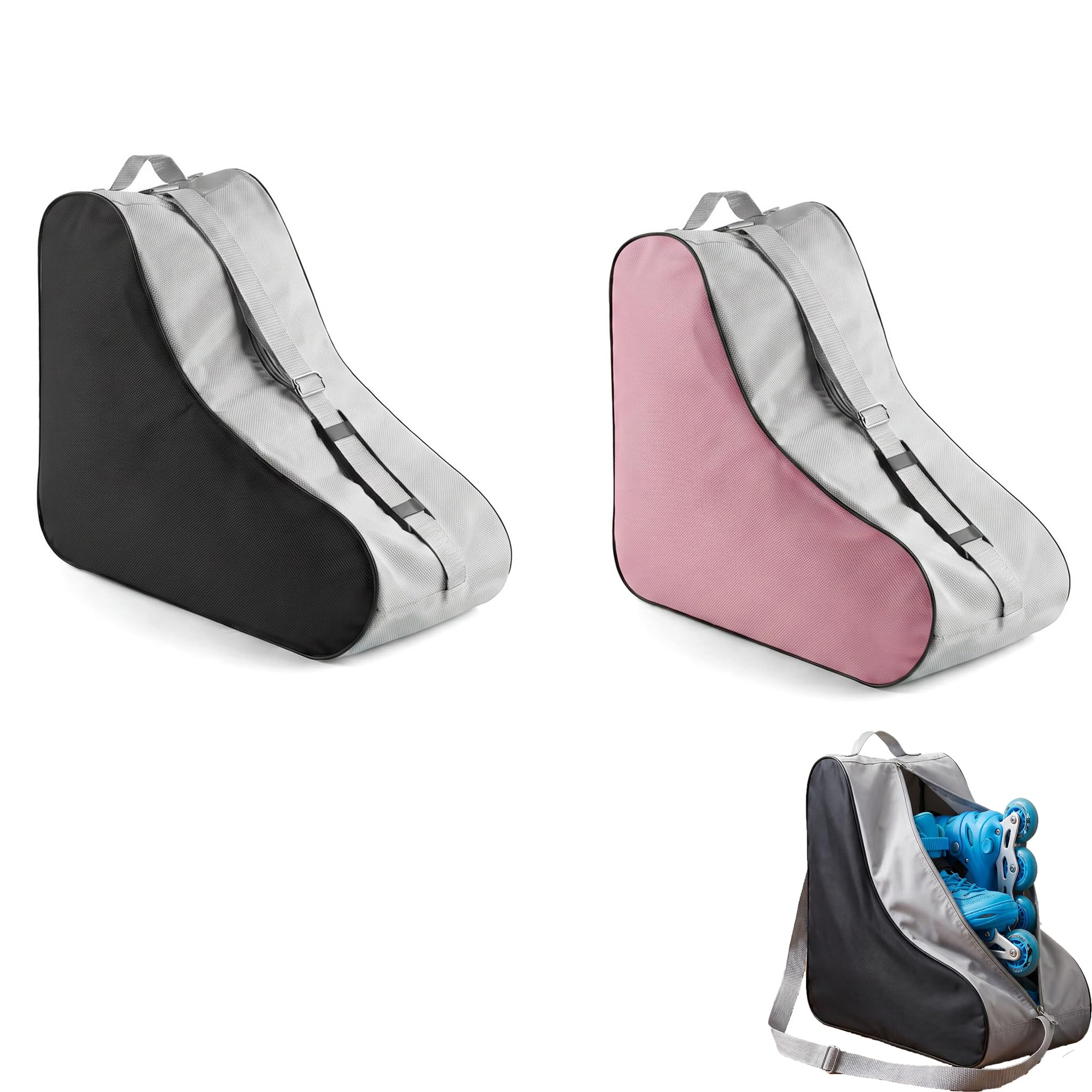 Lyyozwo Roller Skate Bag, 2 Pcs Ice Skate Bag, 16.54 x 7.87 x 14.37 inches Ice Skates Storage Bags with Adjustable Shoulder Strap and Top Handle for Adult Womens Mens (Pink & Black)