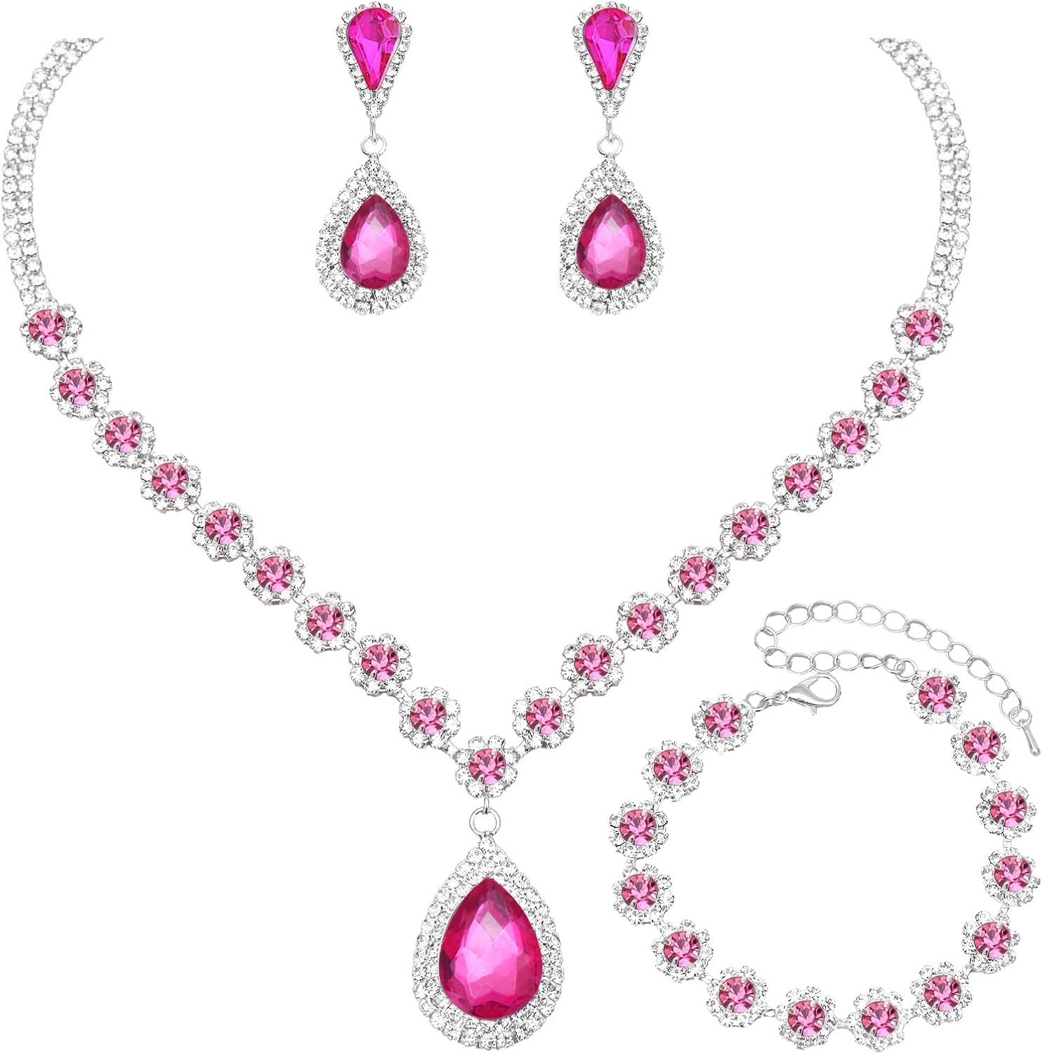 Elegant Silver Necklace Earrings Bracelet Bridal Wedding Jewelry Sets for Brides Bridesmaids Prom Formal Jewellery Accessories for Women