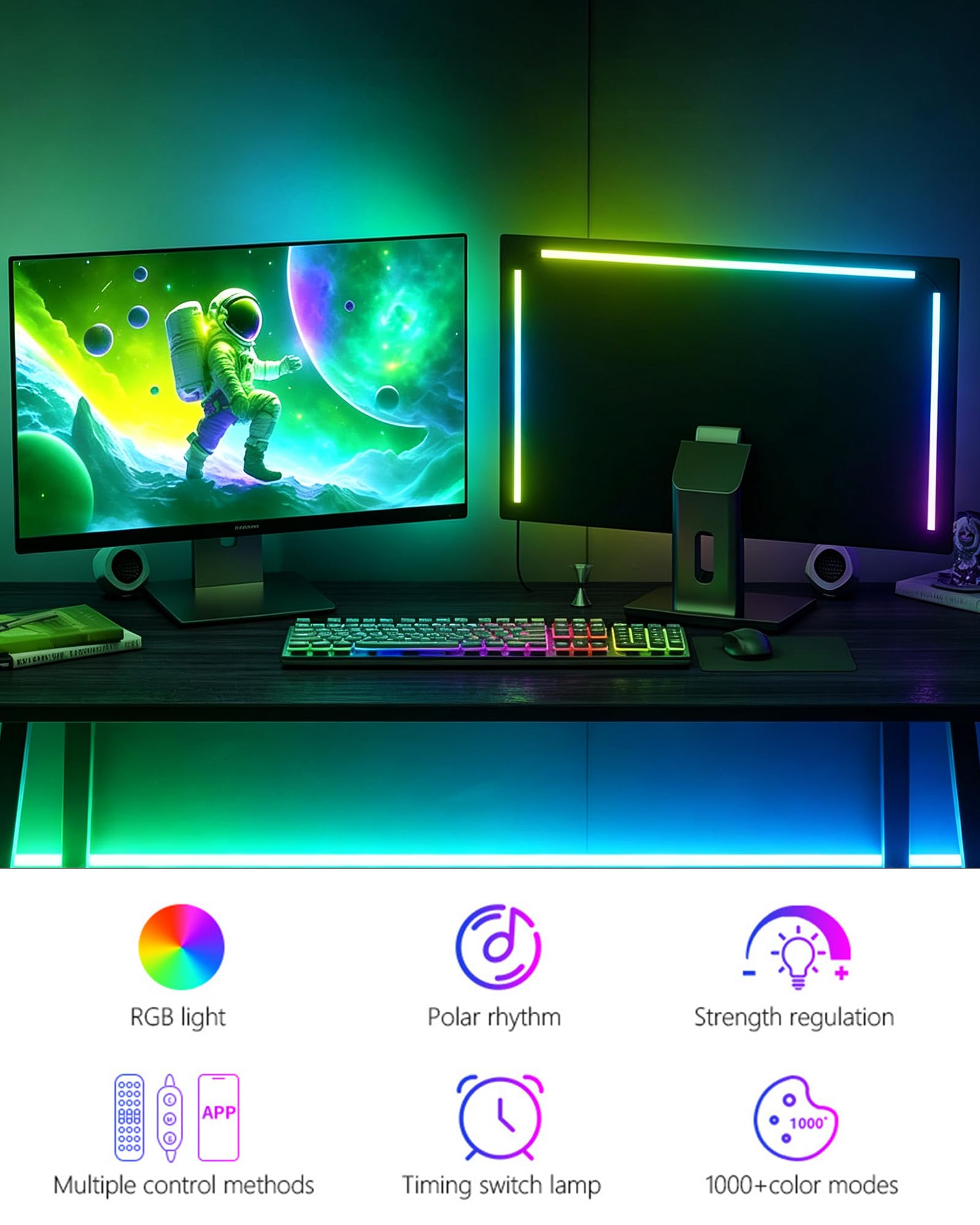 Retroiluminación LED RGB para monitor, control de aplicación inteligente, múltiples modos, sincronización de música, puerto USB (para monitor de 24 pulgadas, estándar)