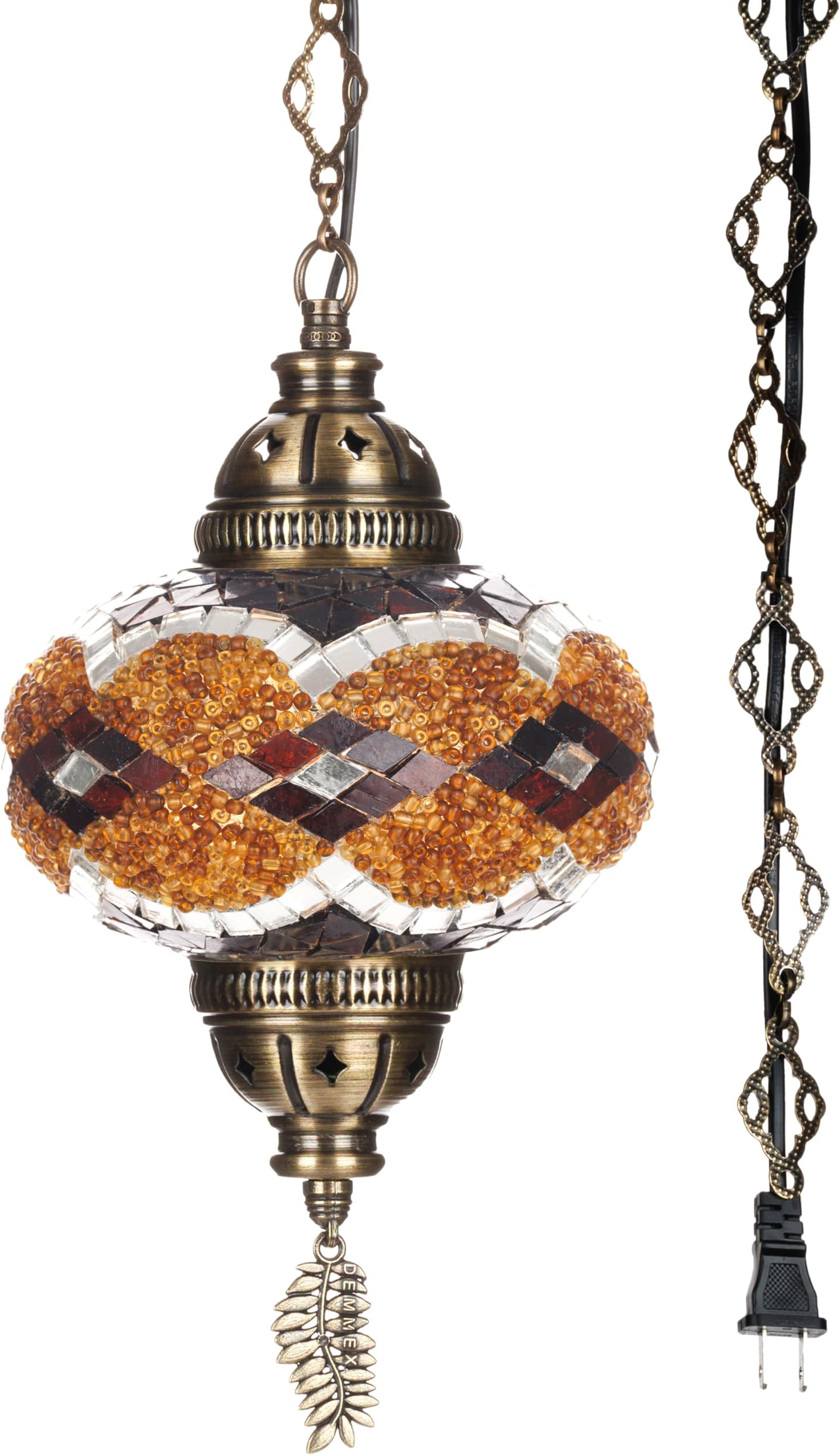 DEMMEX Plug-in Turkish Moroccan Mosaic Hanging Pendant Ceiling Light – Swag Lamp Fixture with 15ft Cord & Chain, Handcrafted Glass, Tiffany Style, Mediterranean Decor (Brown-Black)