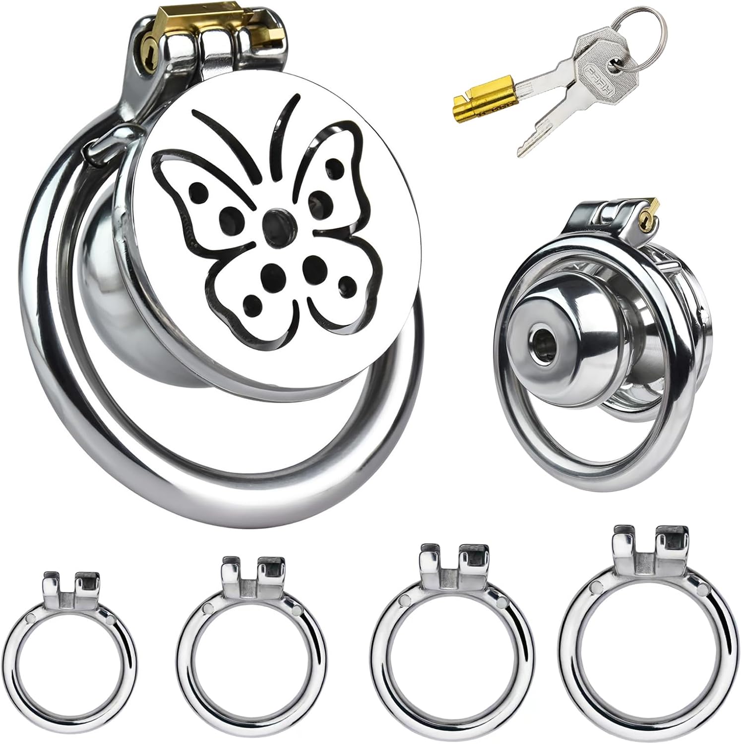 MFMYEE SM Stainless Steel Chastity Cage, Metal Penis Cage with 4 Cock Rings Male Chastity Devices Restrict Set, Penis Ring Cock Cage Chastity Belt Bondage Gay Sex Toy for Men (55mm)